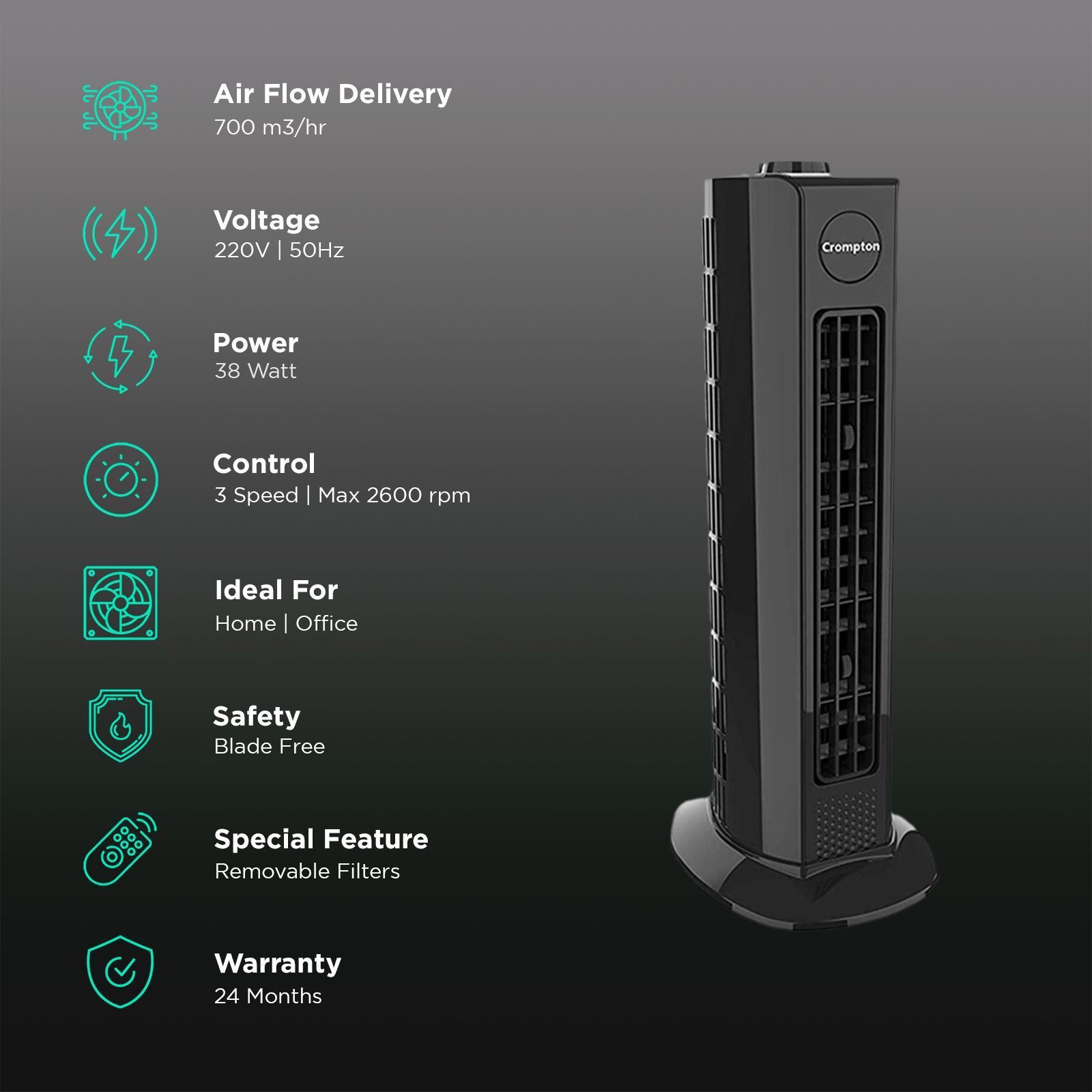 Crompton Air Buddy Bladeless 700 m3/hr Air Delivery Tower Fan (Soft Focused Air, Black) Crompton Air Buddy Bladeless 700 m3/hr Air Delivery Tower Fan (Soft Focused Air, Black)_3