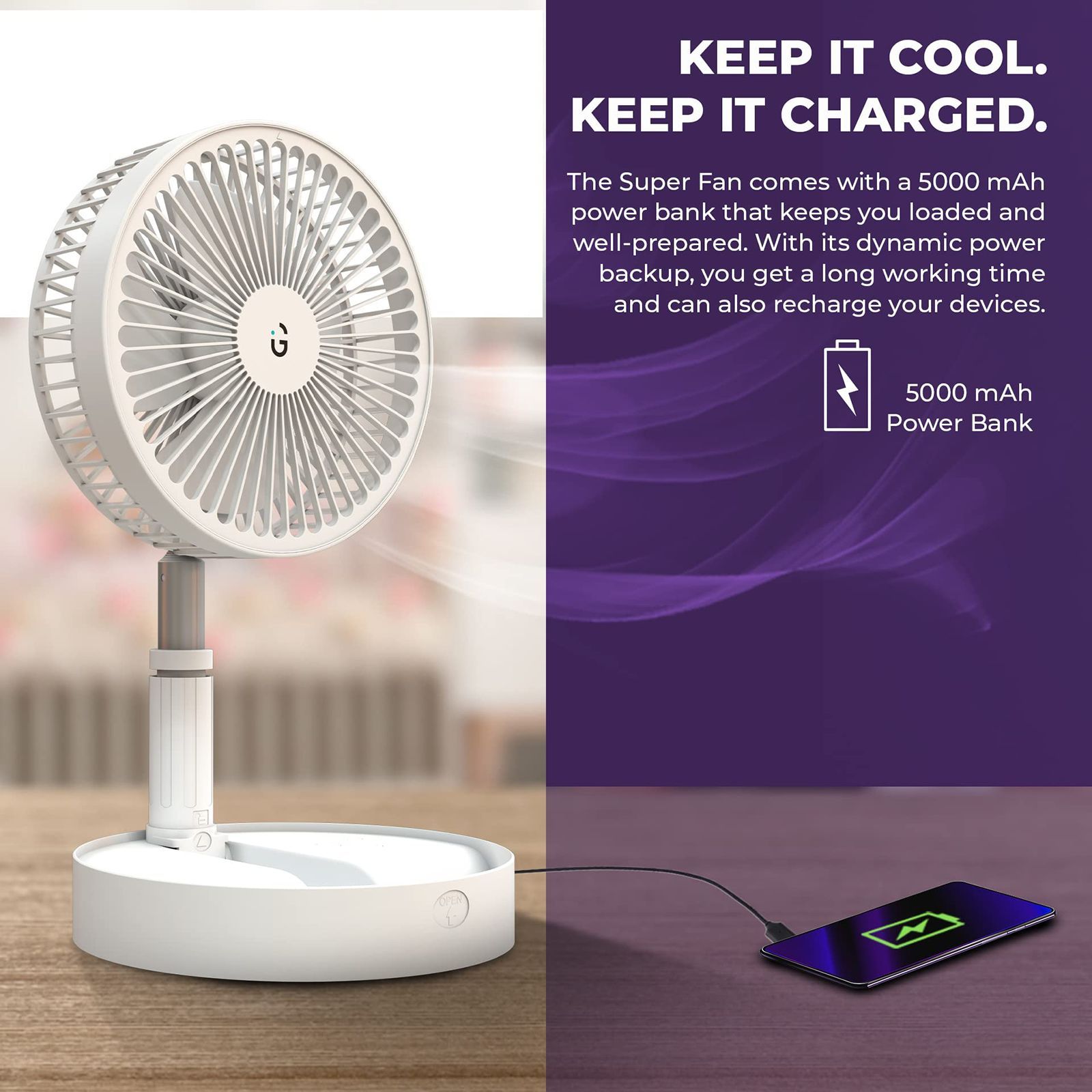 IGear Superfan 150mm 4 Blade Rechargeable Personal Fan with 5000 mAh Battery (Adjustable Height, White)_9