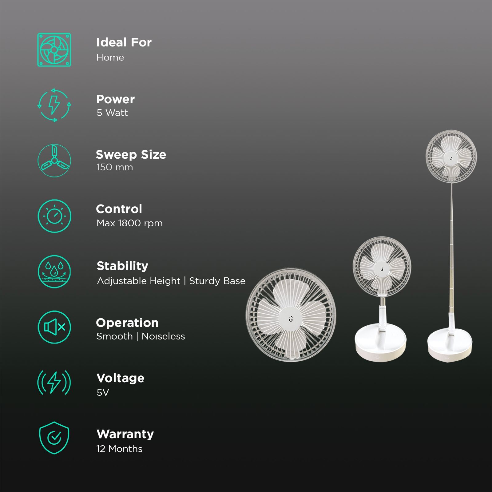 IGear Superfan 150mm 4 Blade Rechargeable Personal Fan with 5000 mAh Battery (Adjustable Height, White)_3