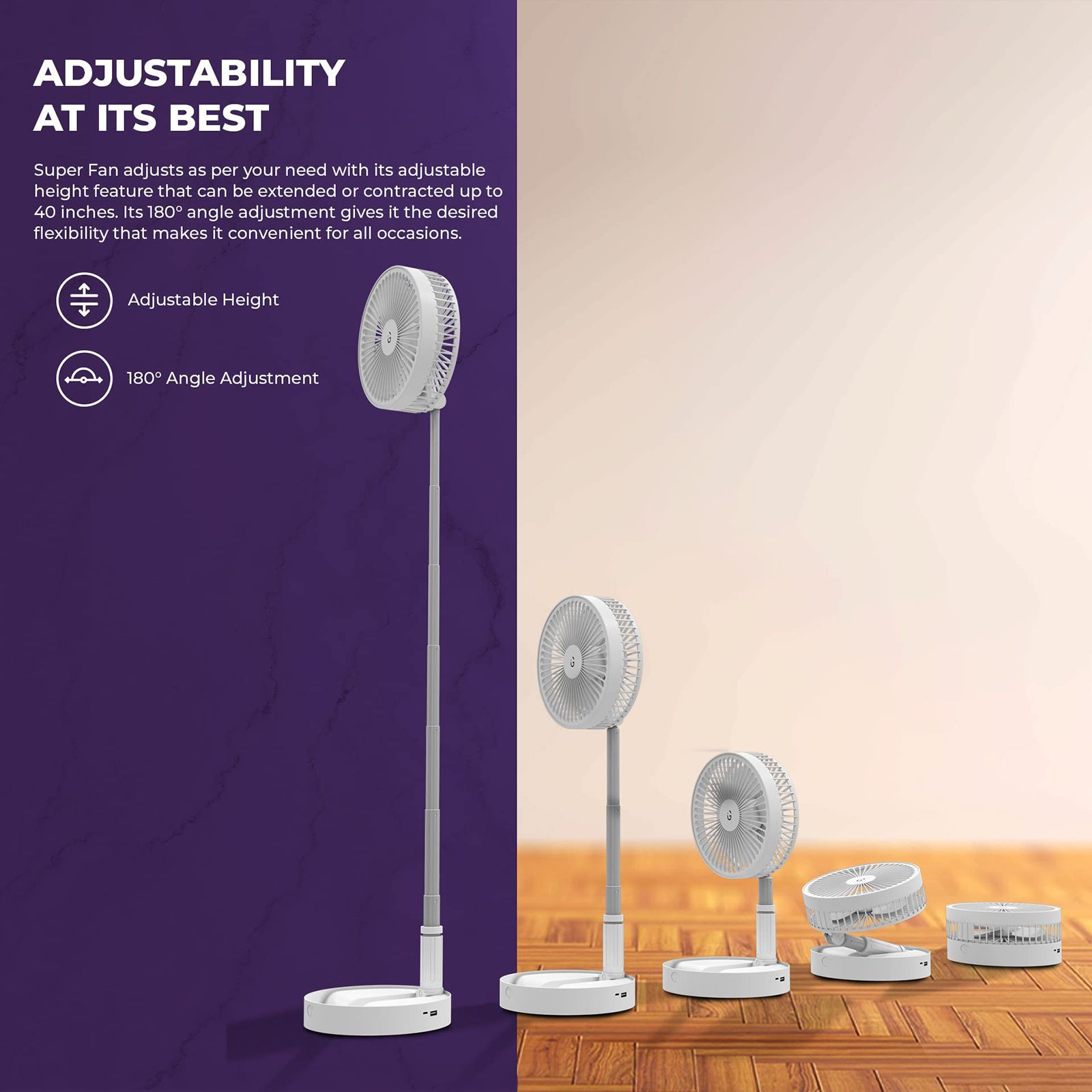 IGear Superfan 150mm 4 Blade Rechargeable Personal Fan with 5000 mAh Battery (Adjustable Height, White)_6