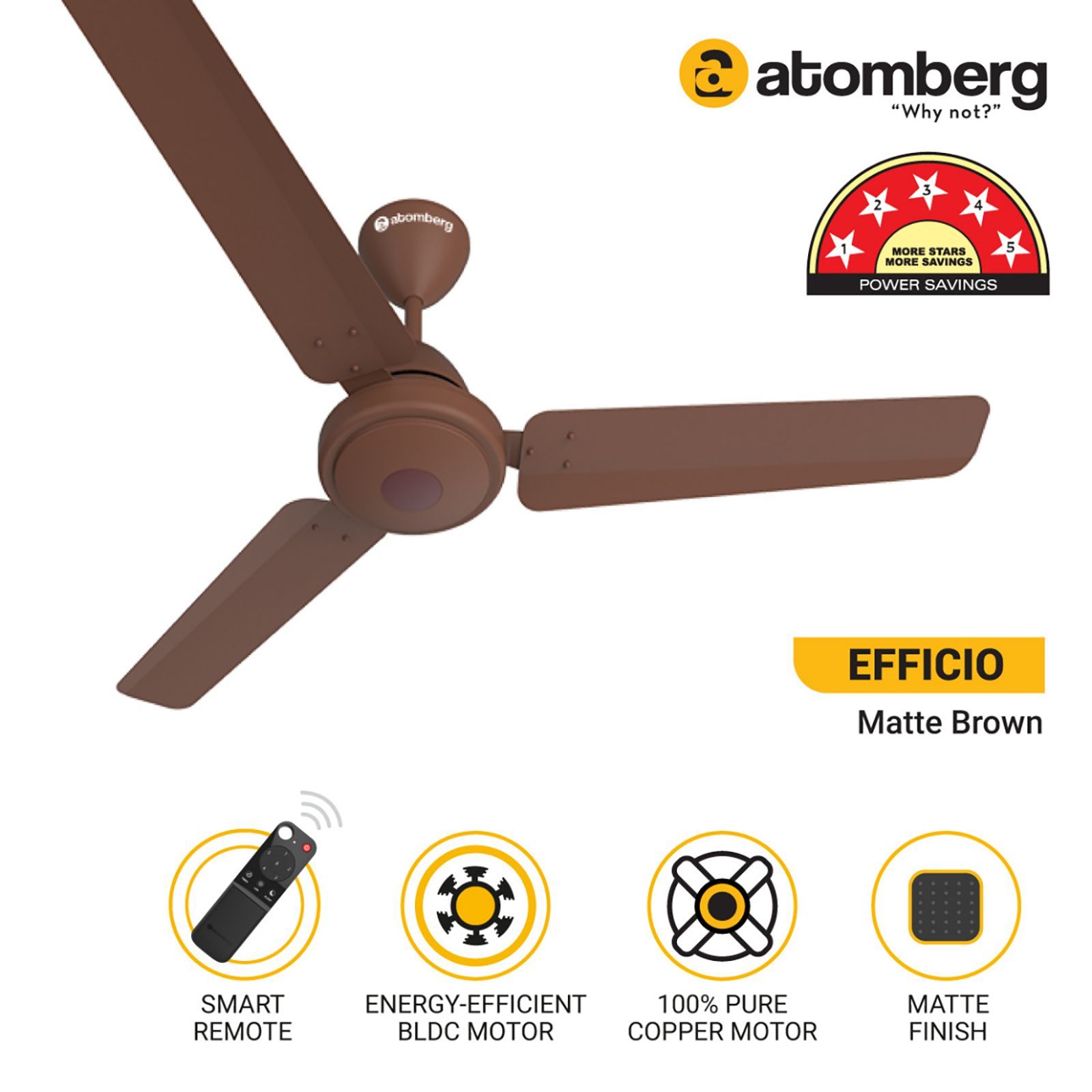 atomberg Efficio 5 Star 1200mm 3 Blade BLDC Motor Ceiling Fan with Remote (LED Indicator, Matt Brown)_14