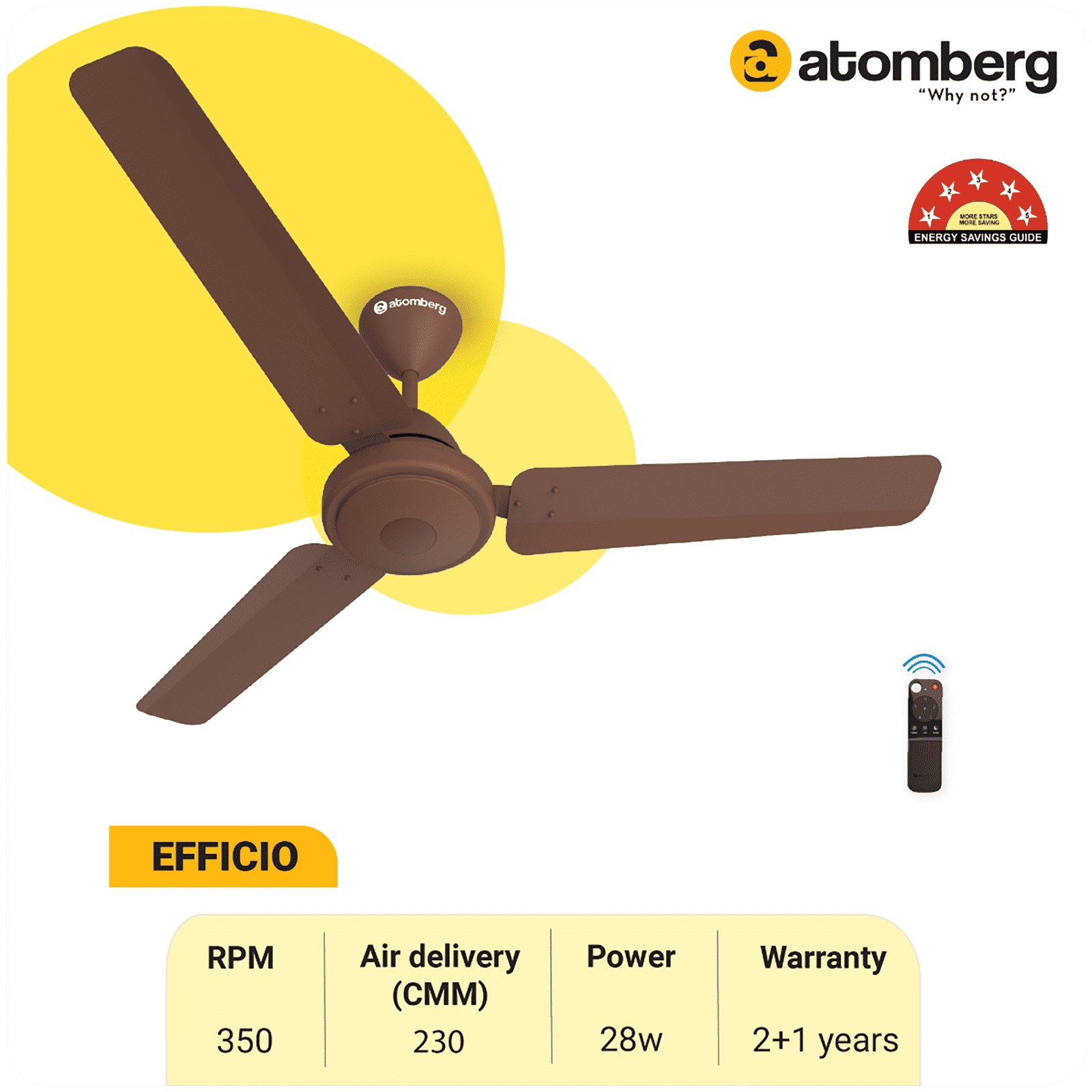 atomberg Efficio 5 Star 1200mm 3 Blade BLDC Motor Ceiling Fan with Remote (LED Indicator, Matt Brown)_15
