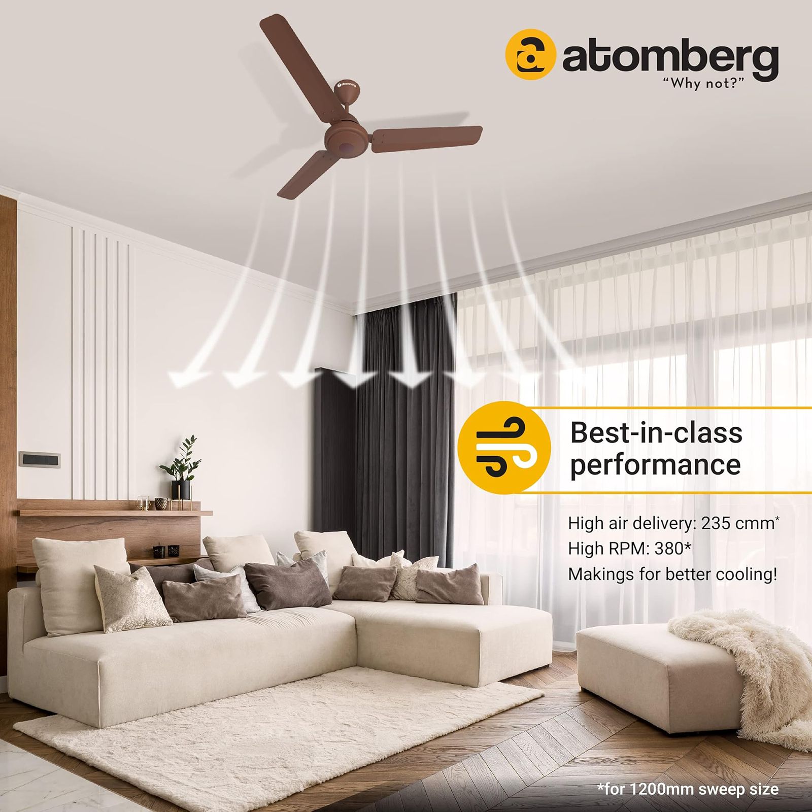atomberg Efficio 5 Star 1200mm 3 Blade BLDC Motor Ceiling Fan with Remote (LED Indicator, Matt Brown)_7