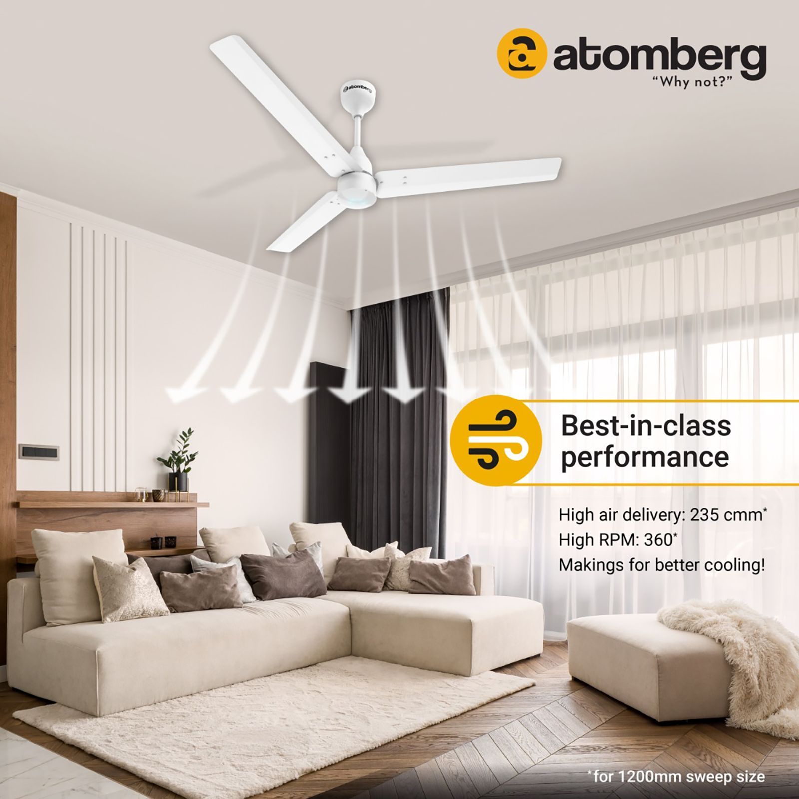 atomberg Renesa 5 Star 1200mm 3 Blade BLDC Motor Ceiling Fan with Remote (LED Speed Indicator, White)_5