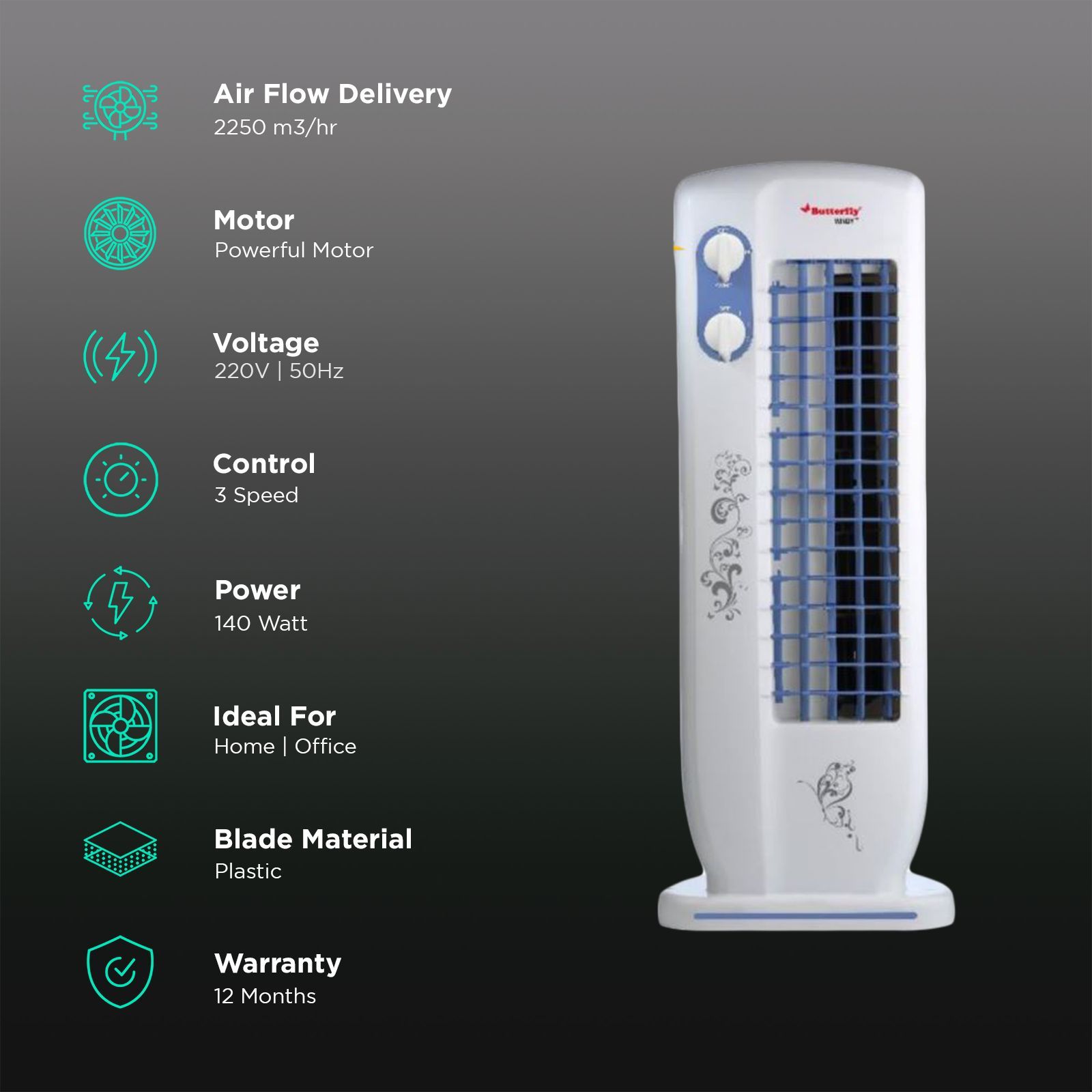 Butterfly Windy Plus Bladeless 25 ft Air Throw 2250 m3/hr Air Delivery Tower Fan (Heavy Duty Motor, Blue)_3