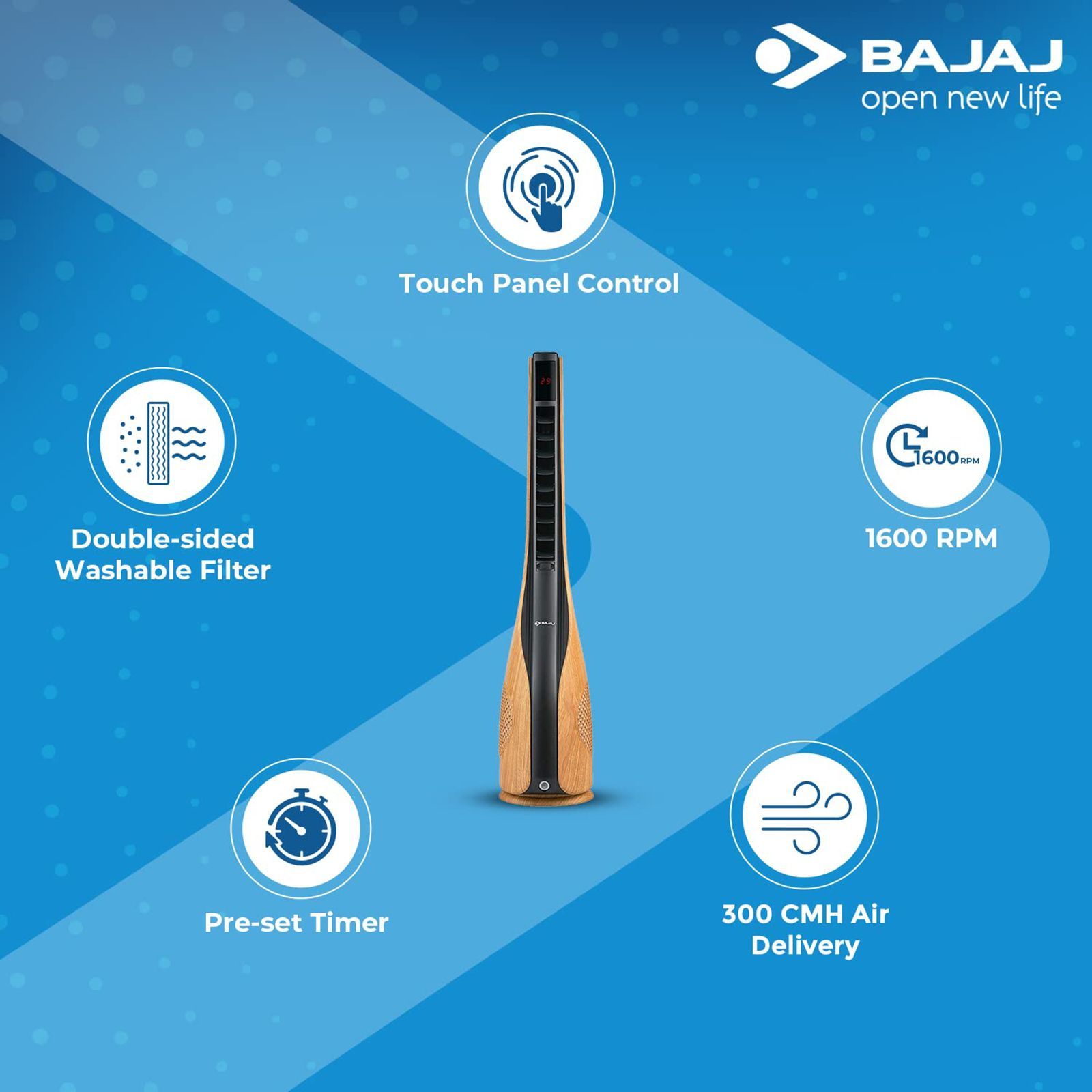 BAJAJ Tempesta Bladeless 18000 m3/hr Air Delivery Tower Fan with Remote (Touch Panel Control, Brown)_7