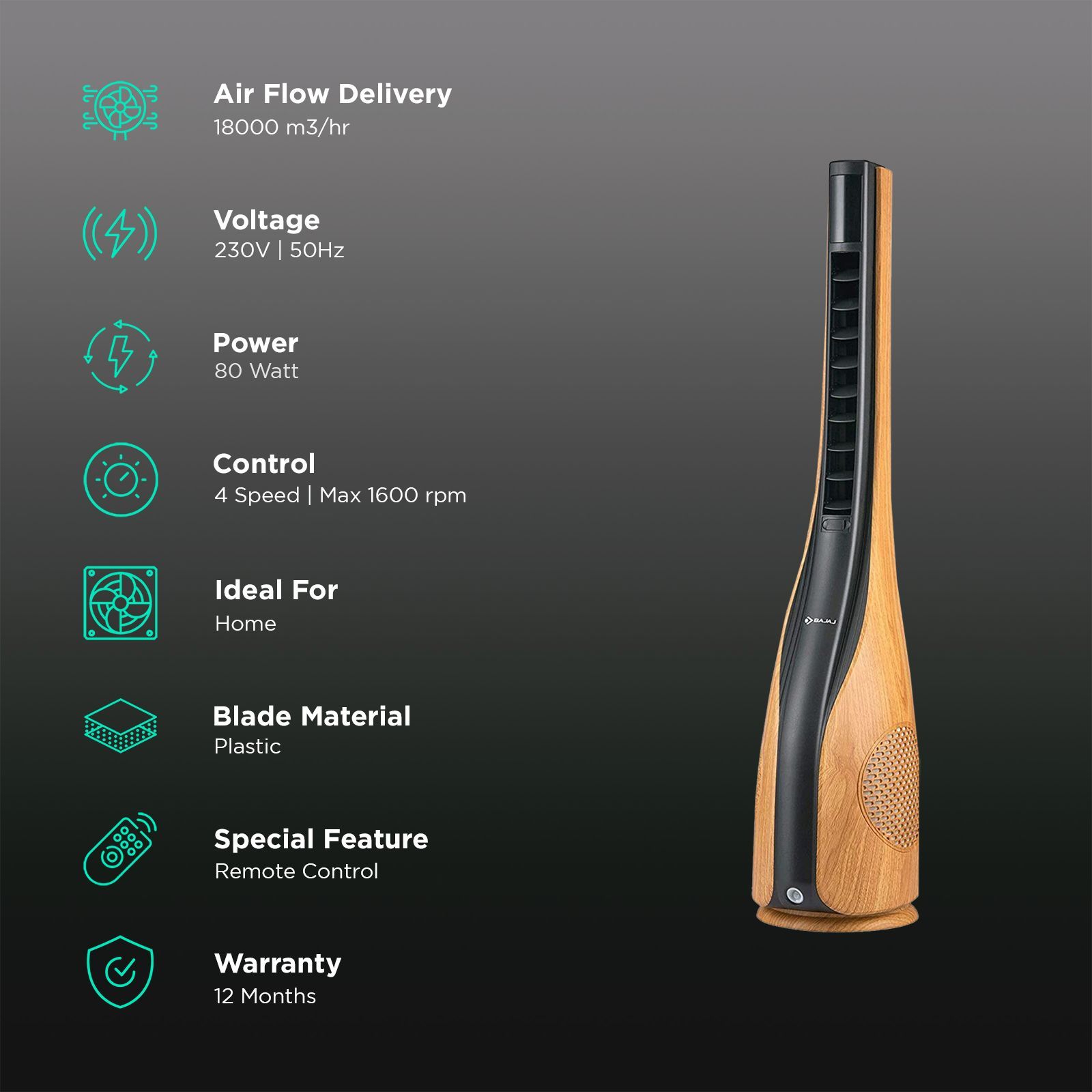 BAJAJ Tempesta Bladeless 18000 m3/hr Air Delivery Tower Fan with Remote (Touch Panel Control, Brown)_3
