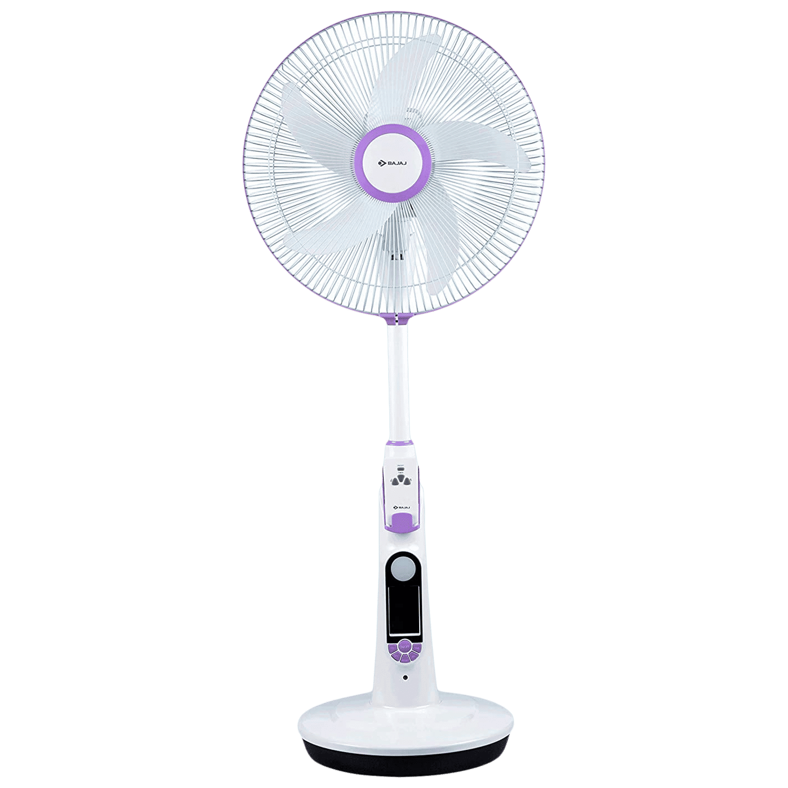 BAJAJ Nuvo 400mm 5 Blade Rechargeable Pedestal Fan with 5400 mAh Battery (BLDC Motor, Plum Purple)_1