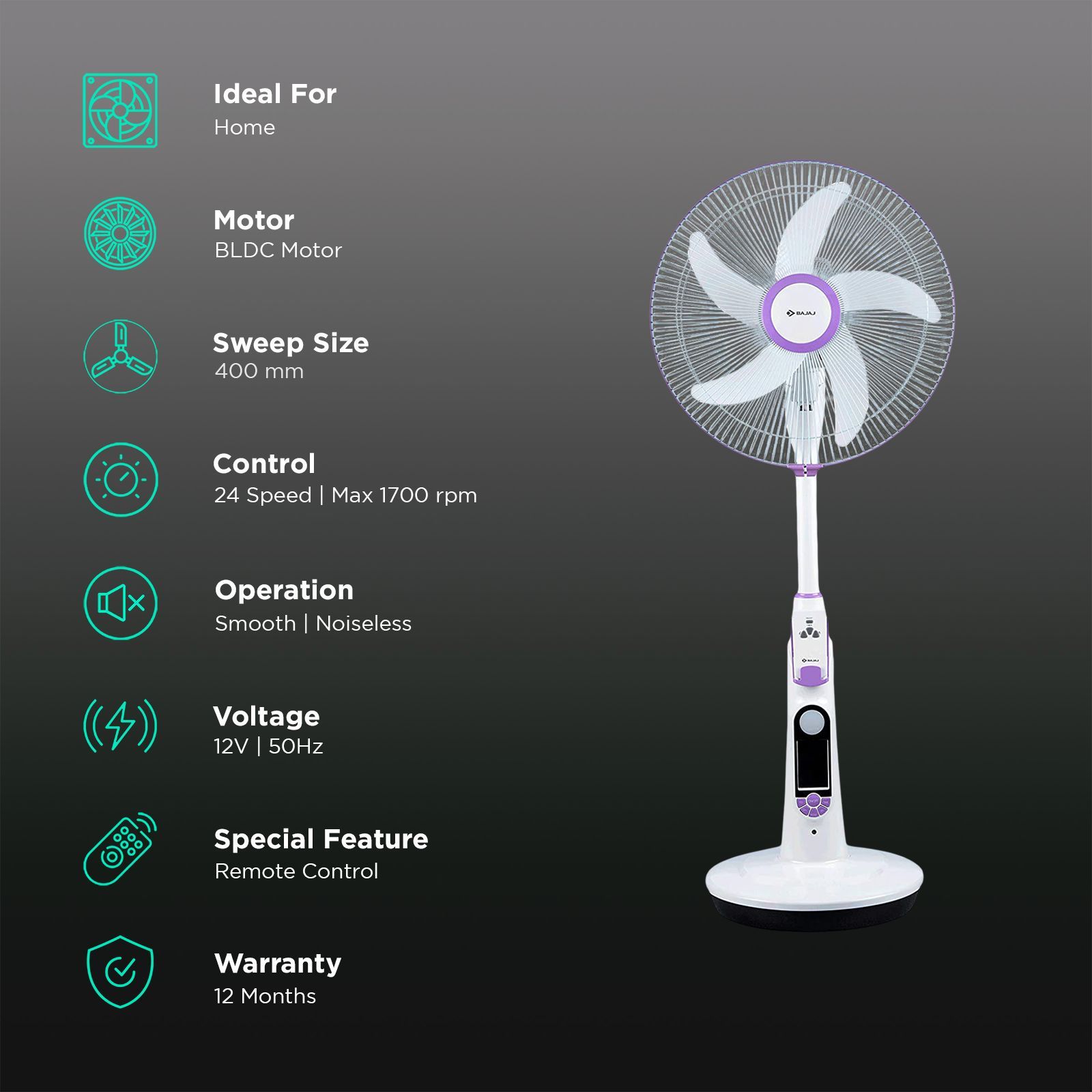 BAJAJ Nuvo 400mm 5 Blade Rechargeable Pedestal Fan with 5400 mAh Battery (BLDC Motor, Plum Purple)_2