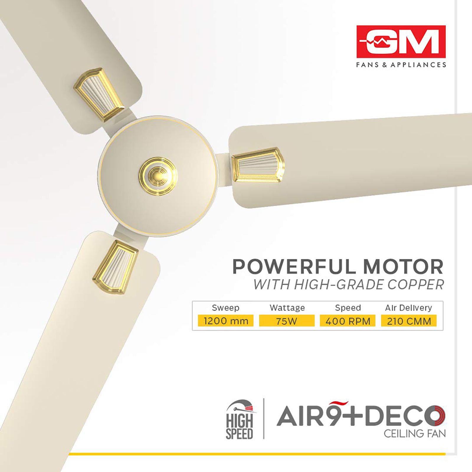 GM AIR9 Plus Deco 1200mm 3 Blade Copper Motor Ceiling Fan (Aerodynamically Design, Ivory)_7