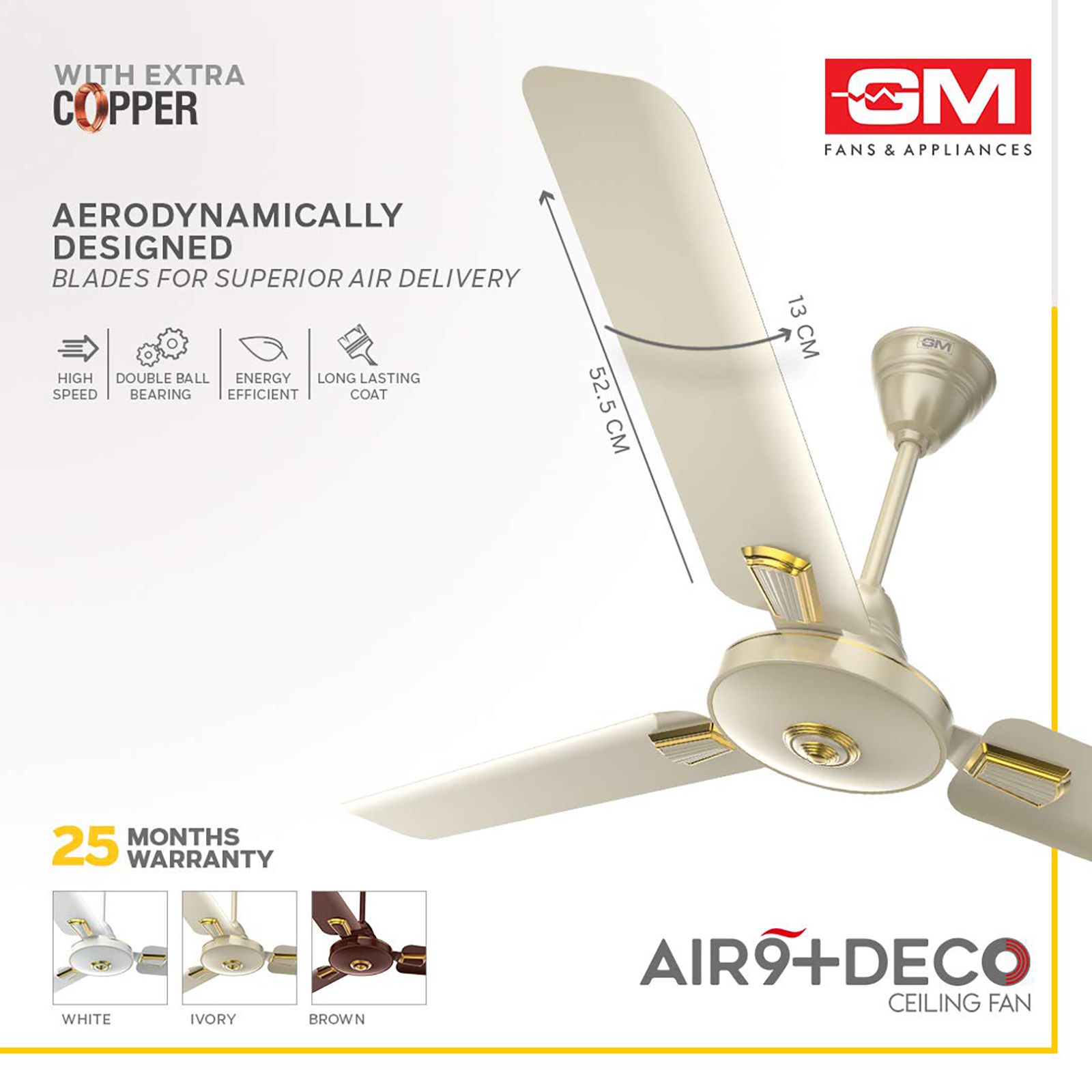 GM AIR9 Plus Deco 1200mm 3 Blade Copper Motor Ceiling Fan (Aerodynamically Design, Ivory)_9