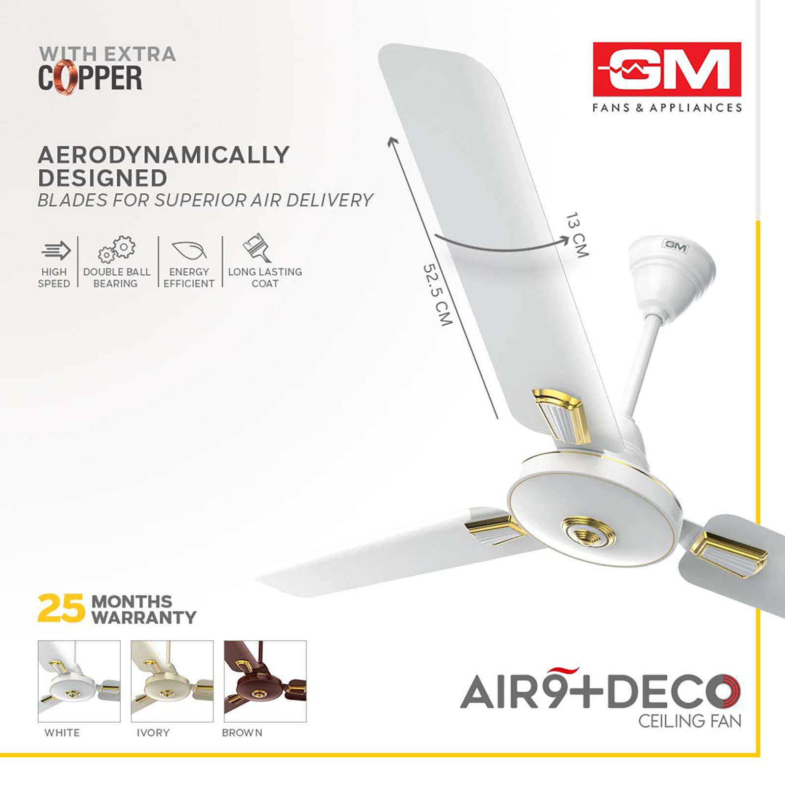 GM AIR9 Plus Deco 1200mm 3 Blade Copper Motor Ceiling Fan (Aerodynamically Design, White)_7