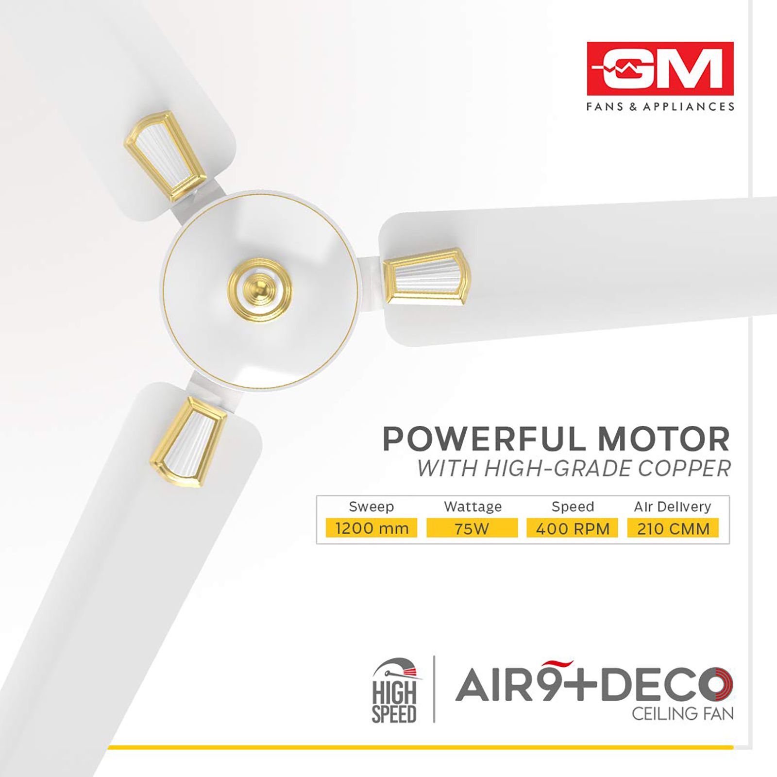 GM AIR9 Plus Deco 1200mm 3 Blade Copper Motor Ceiling Fan (Aerodynamically Design, White)_6