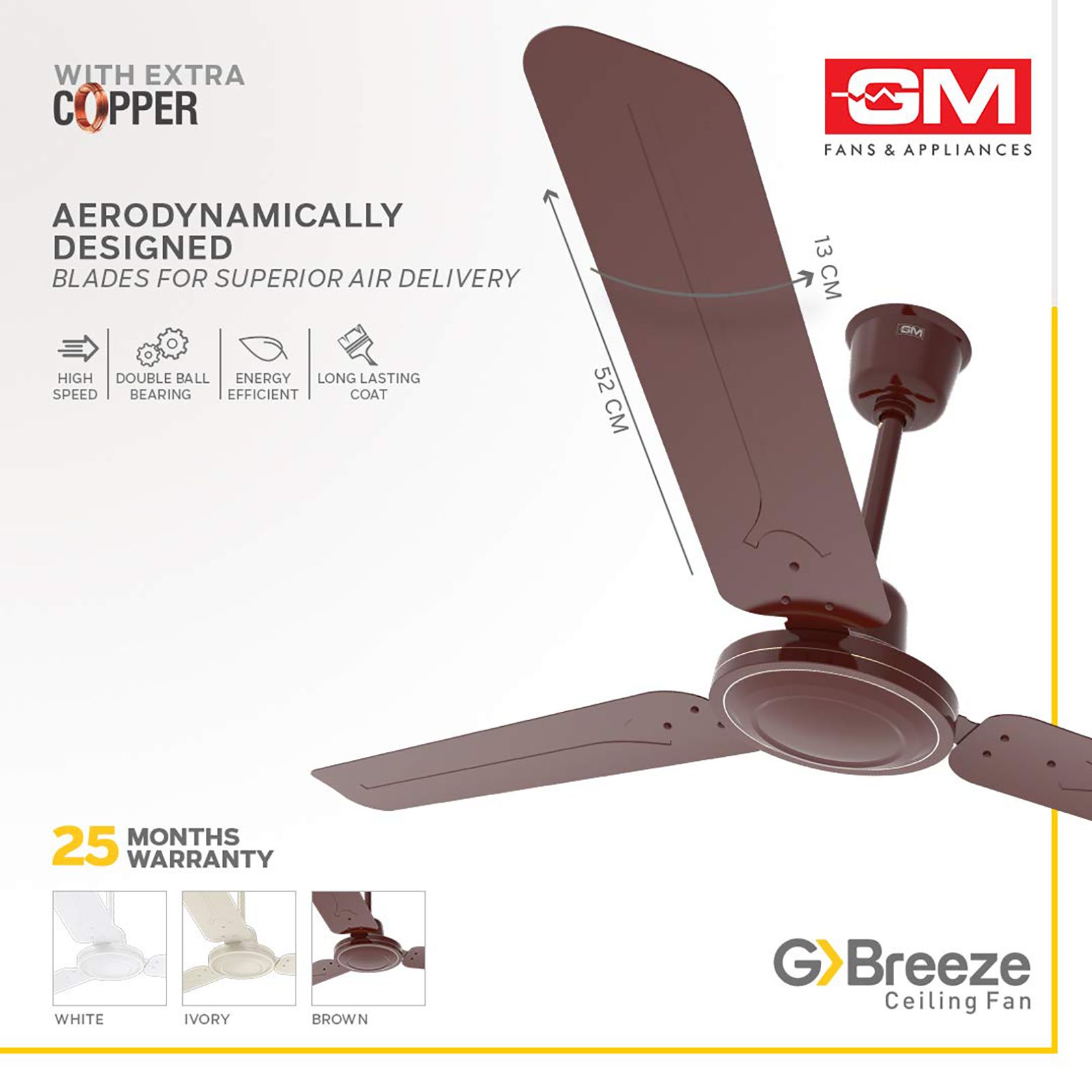 GM G-Breeze 1200mm 3 Blade Energy Efficient Ceiling Fan (High Speed, Brown)_6