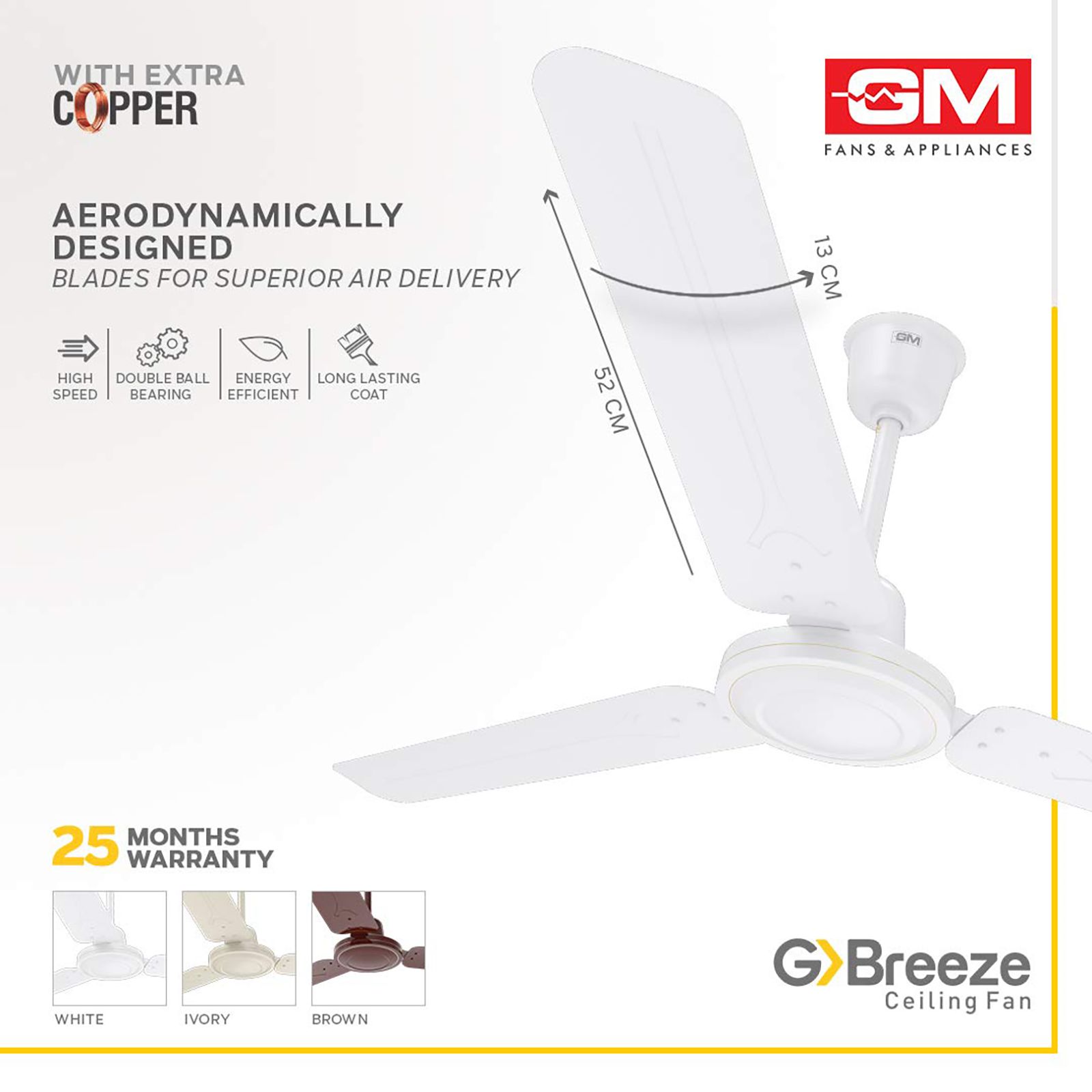 GM G-Breeze 1200mm 3 Blade Energy Efficient Ceiling Fan (High Speed, White)_7