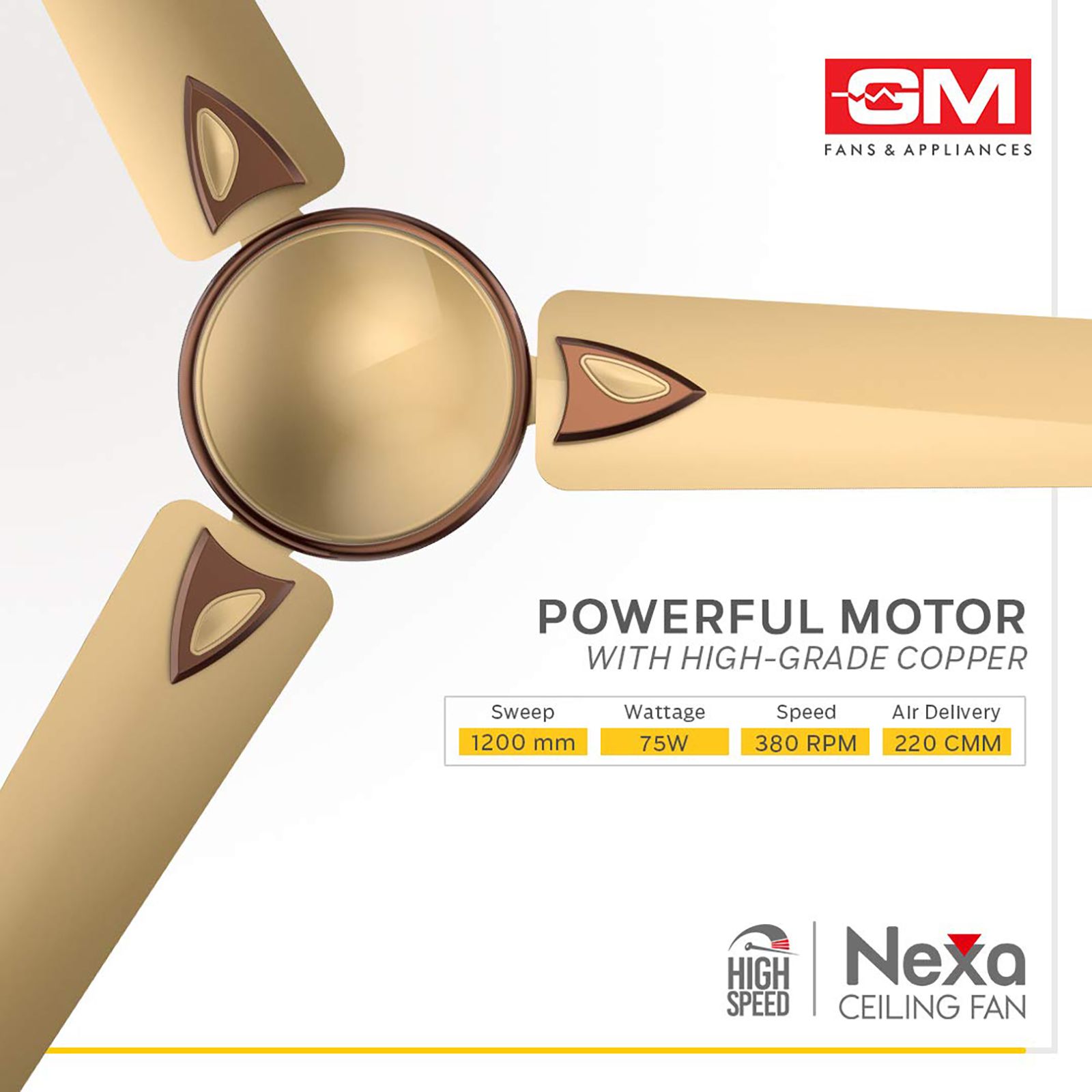 GM Nexa 1200mm 3 Blade High Speed Ceiling Fan (Inverter Technology, Metallic Gold)_9
