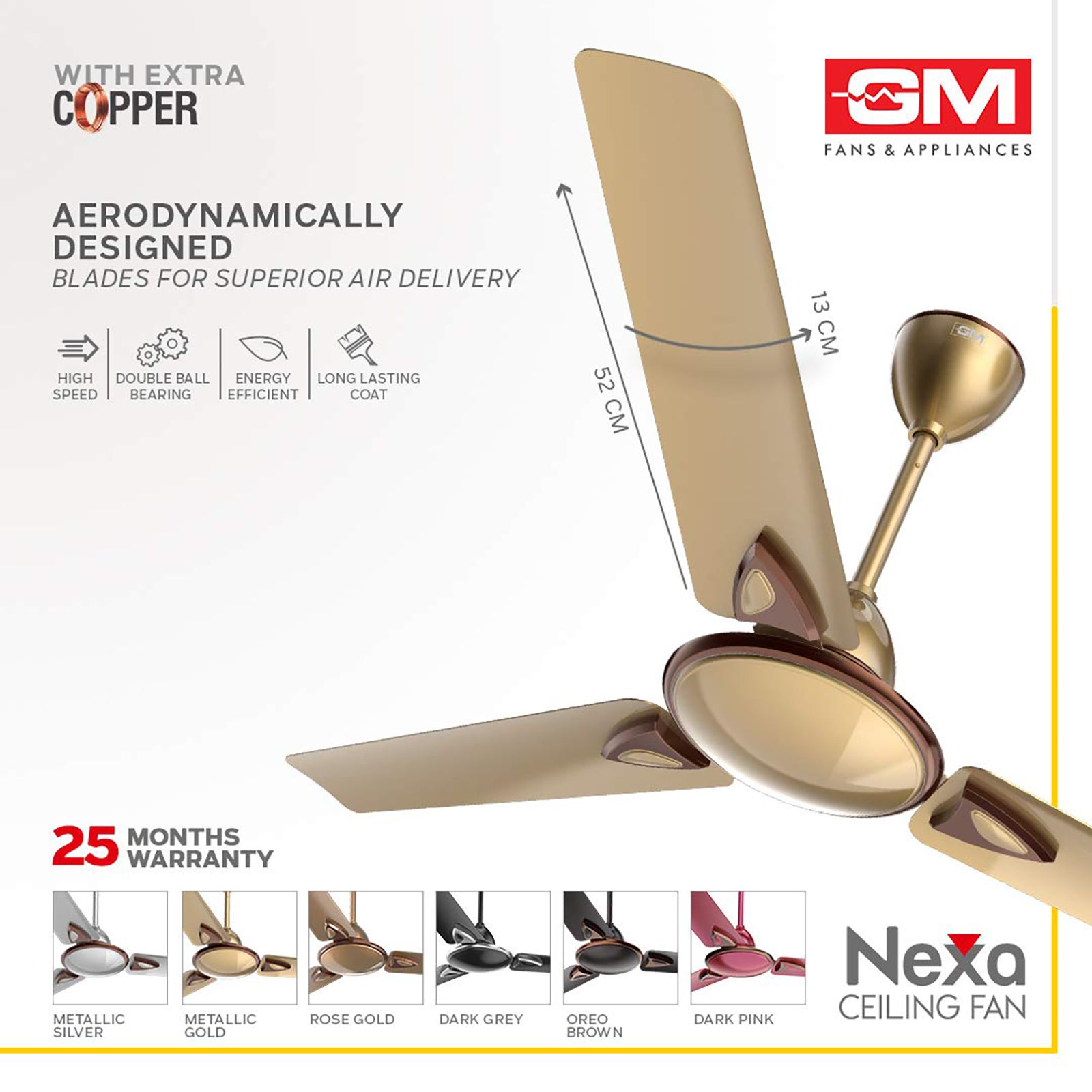 GM Nexa 1200mm 3 Blade High Speed Ceiling Fan (Inverter Technology, Metallic Gold)_10