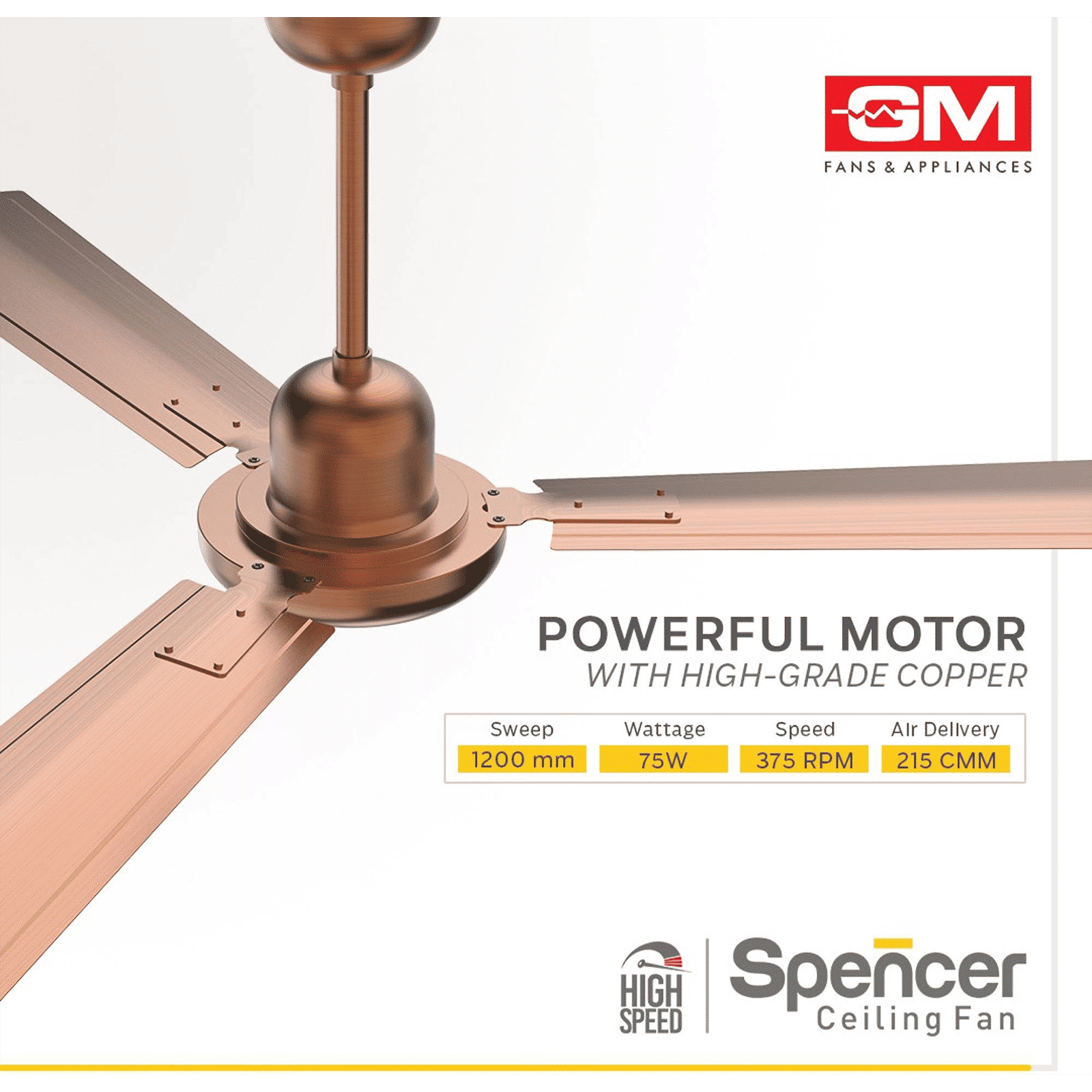 GM Spencer 1200mm 3 Blade High Speed Ceiling Fan (Aerodynamically Designed, Antique Copper)_9