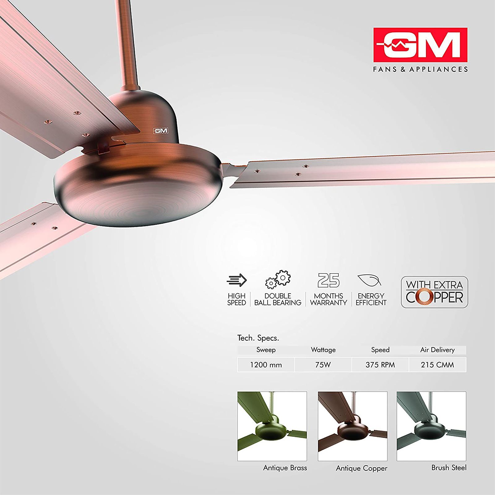 GM Spencer 1200mm 3 Blade High Speed Ceiling Fan (Aerodynamically Designed, Antique Copper)_5