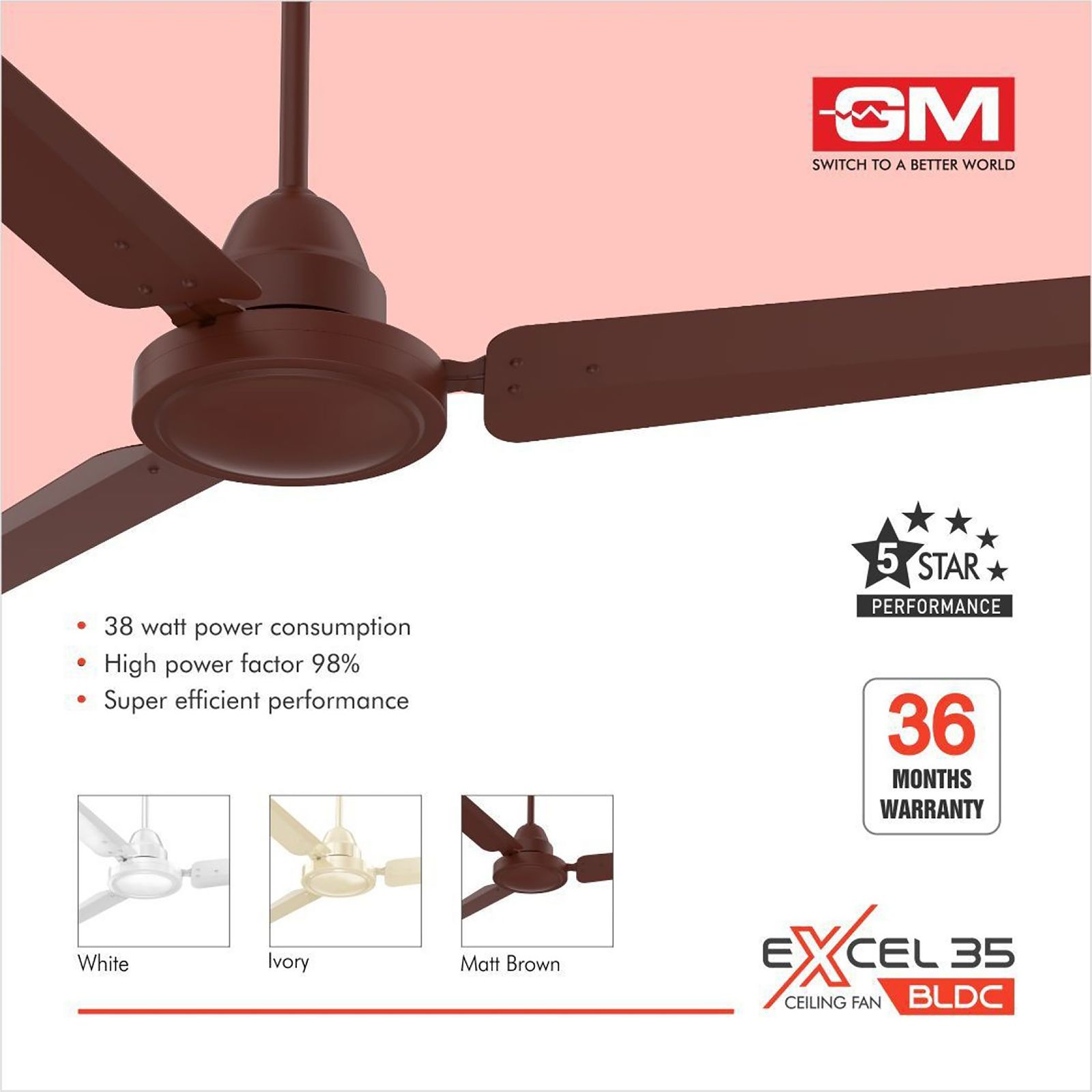 GM Excel35 5 Star 1200mm 3 Blade BLDC Motor Ceiling Fan with Remote (Energy Efficient, Matt Brown) GM Excel35 5 Star 1200mm 3 Blade BLDC Motor Ceiling Fan with Remote (Energy Efficient, Matt Brown)_8