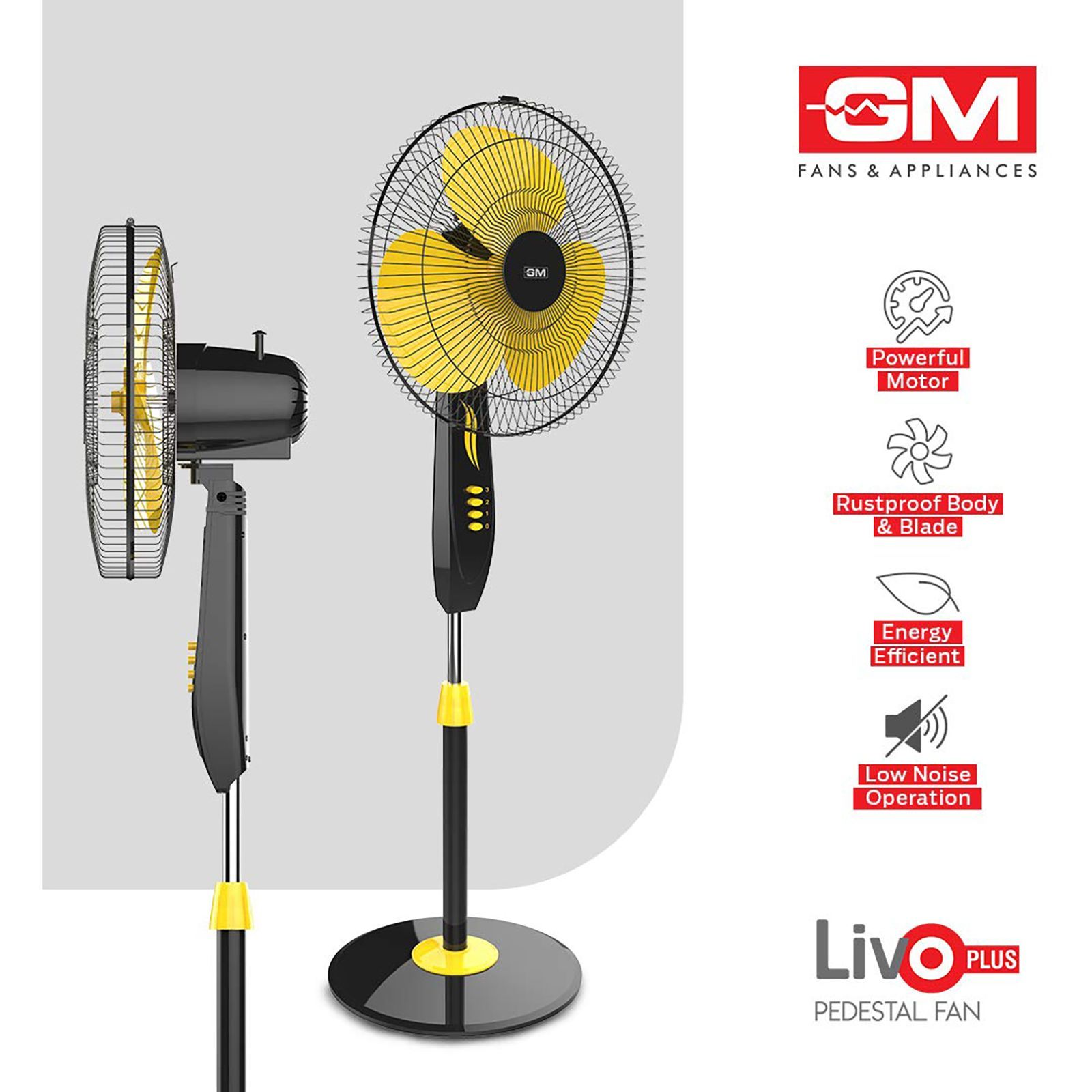 GM Livo 400mm 3 Blade Noiseless Operation Pedestal Fan (Rust Proof, Yellow & Black)_7