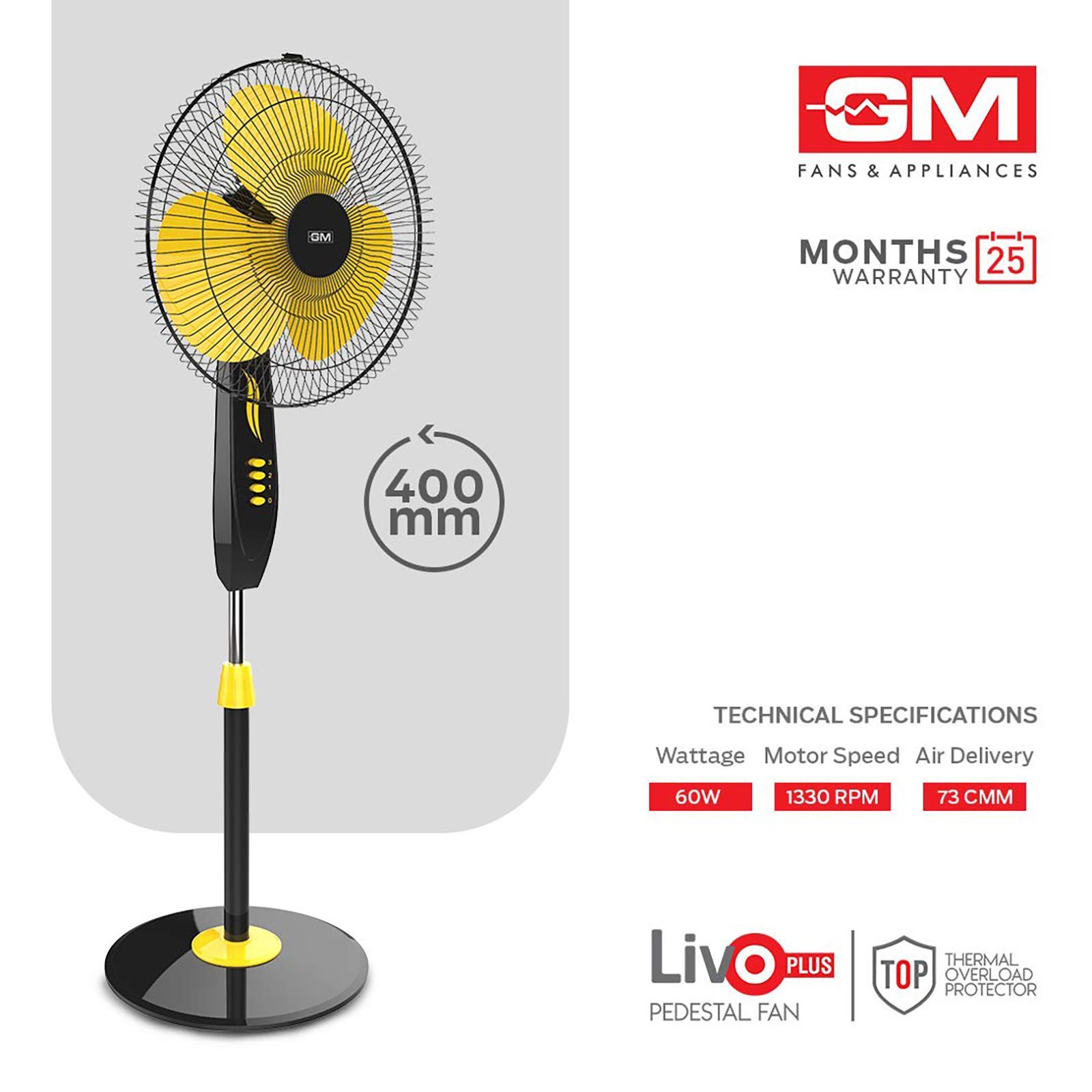 GM Livo 400mm 3 Blade Noiseless Operation Pedestal Fan (Rust Proof, Yellow & Black)_8
