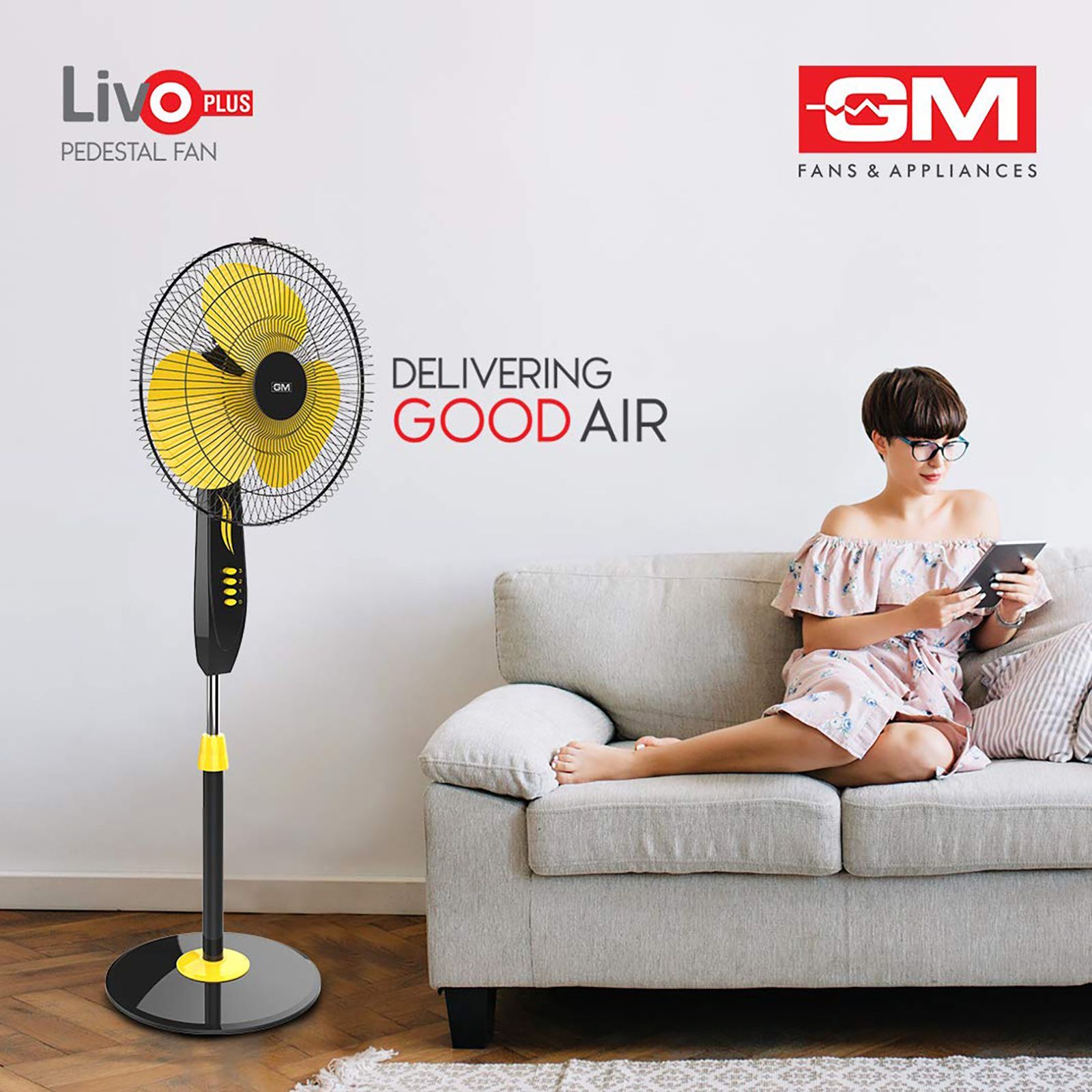 GM Livo 400mm 3 Blade Noiseless Operation Pedestal Fan (Rust Proof, Yellow & Black)_10