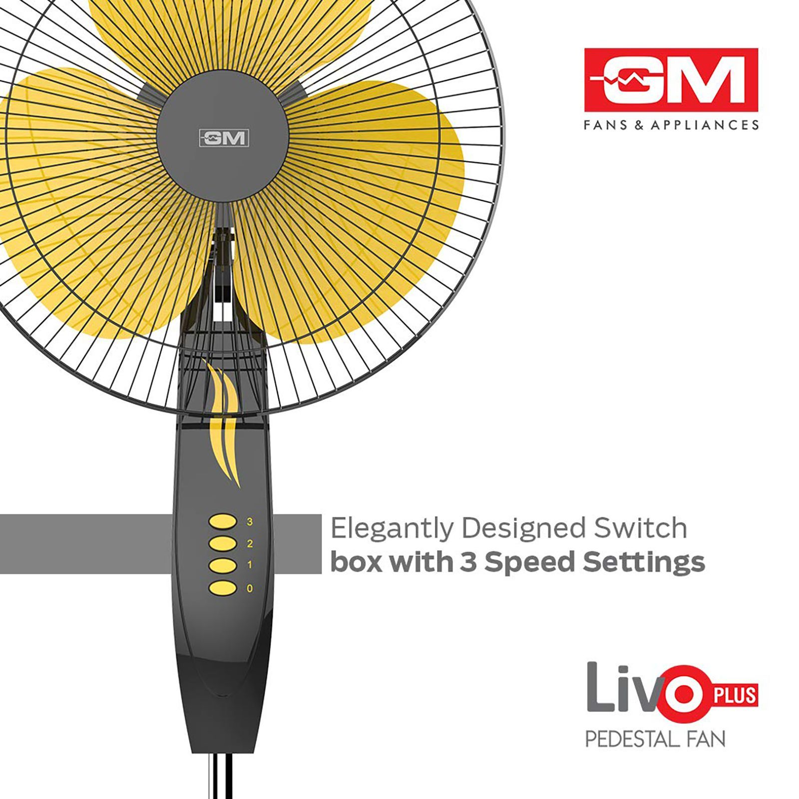 GM Livo 400mm 3 Blade Noiseless Operation Pedestal Fan (Rust Proof, Yellow & Black)_5