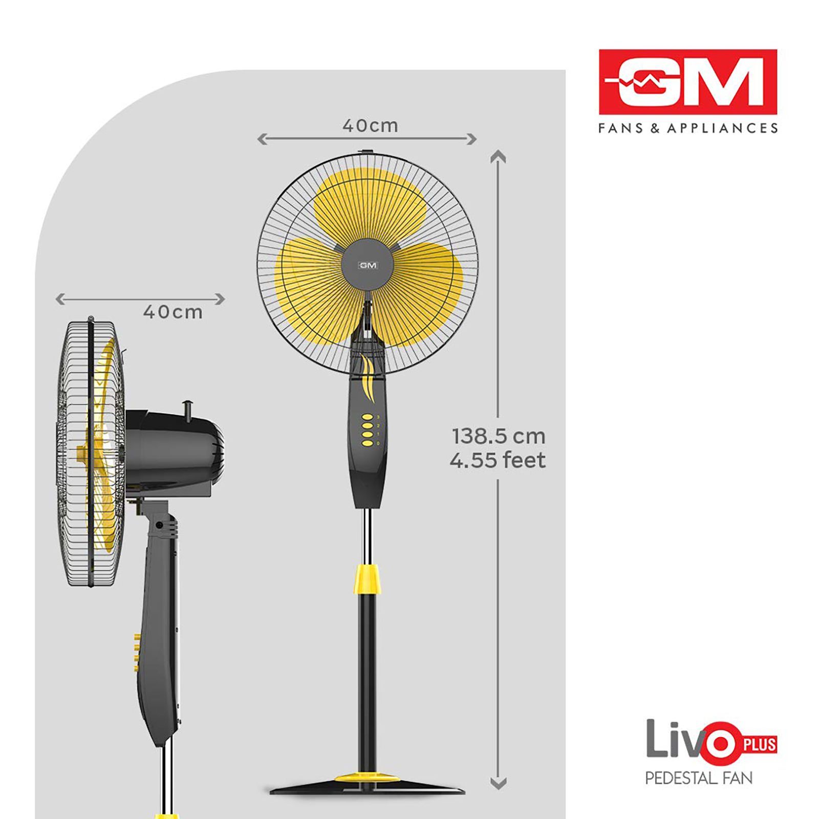 GM Livo 400mm 3 Blade Noiseless Operation Pedestal Fan (Rust Proof, Yellow & Black)_6