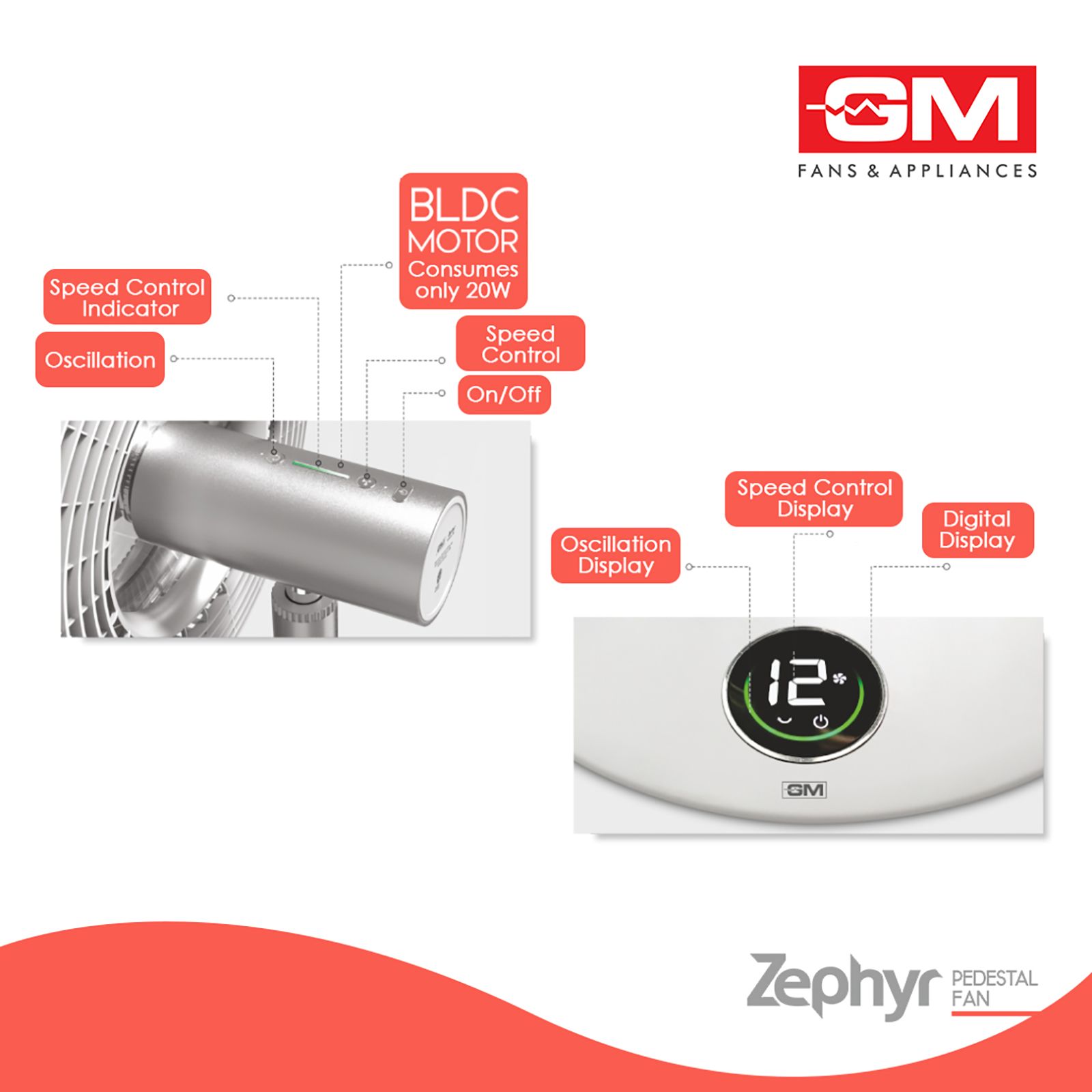 GM Zephyr 300mm 9 Blade BLDC Motor Pedestal Fan with Remote (Rust Resistant, White) GM Zephyr 300mm 9 Blade BLDC Motor Pedestal Fan with Remote (Rust Resistant, White)_8