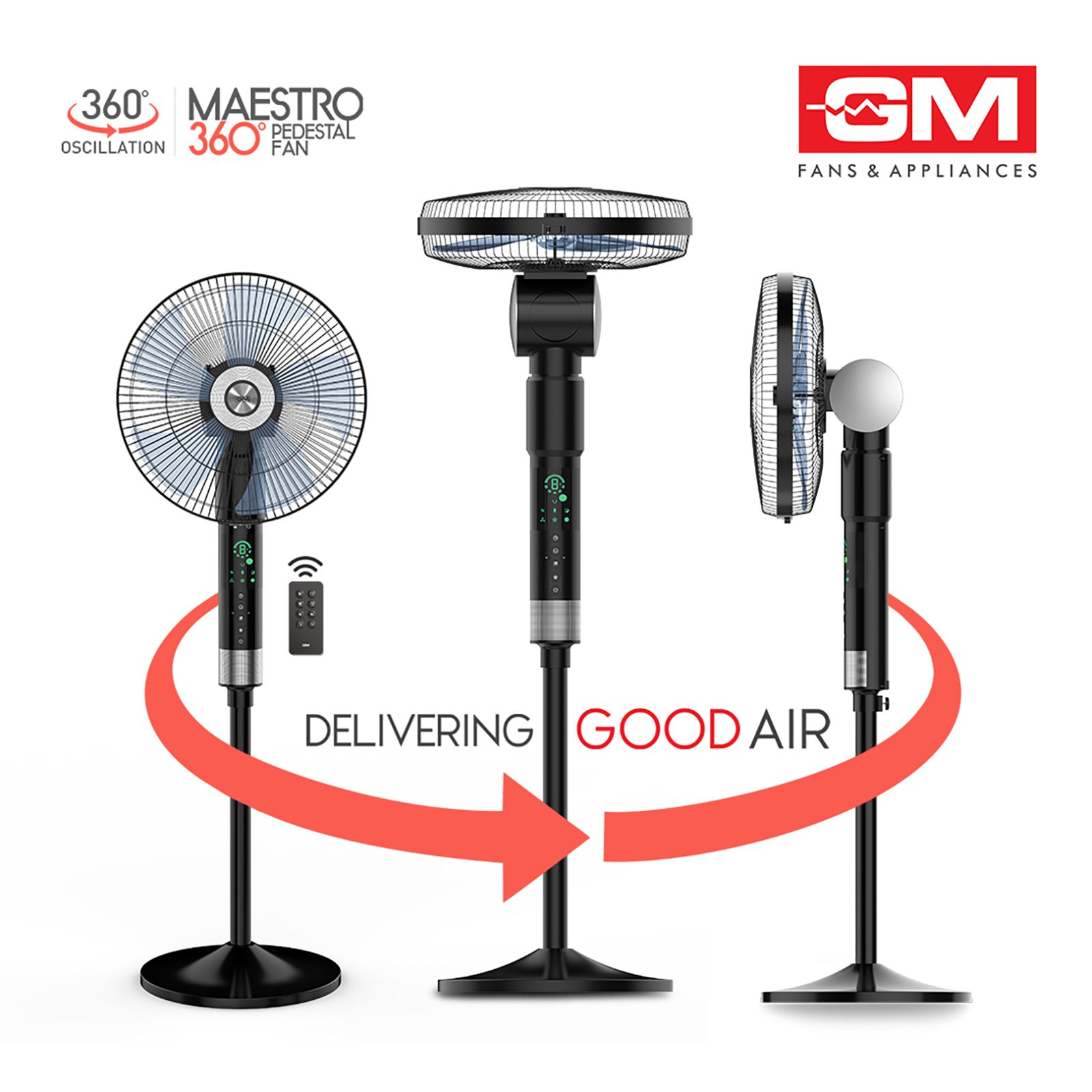 GM Maestro 400mm 3 Blade 360 Degree Oscillation Pedestal Fan with Remote (Rust Resistant, Black)_8