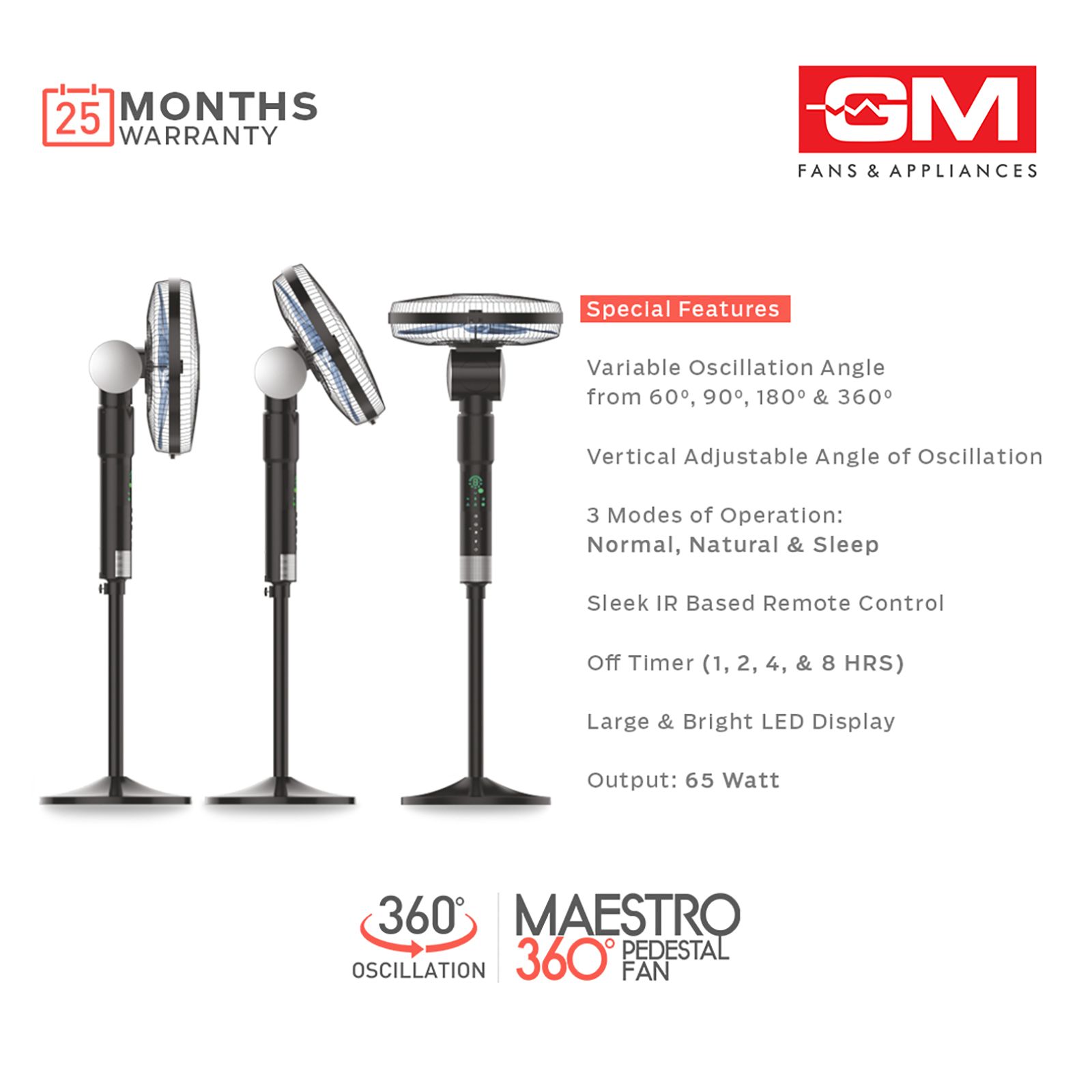GM Maestro 400mm 3 Blade 360 Degree Oscillation Pedestal Fan with Remote (Rust Resistant, Black)_10