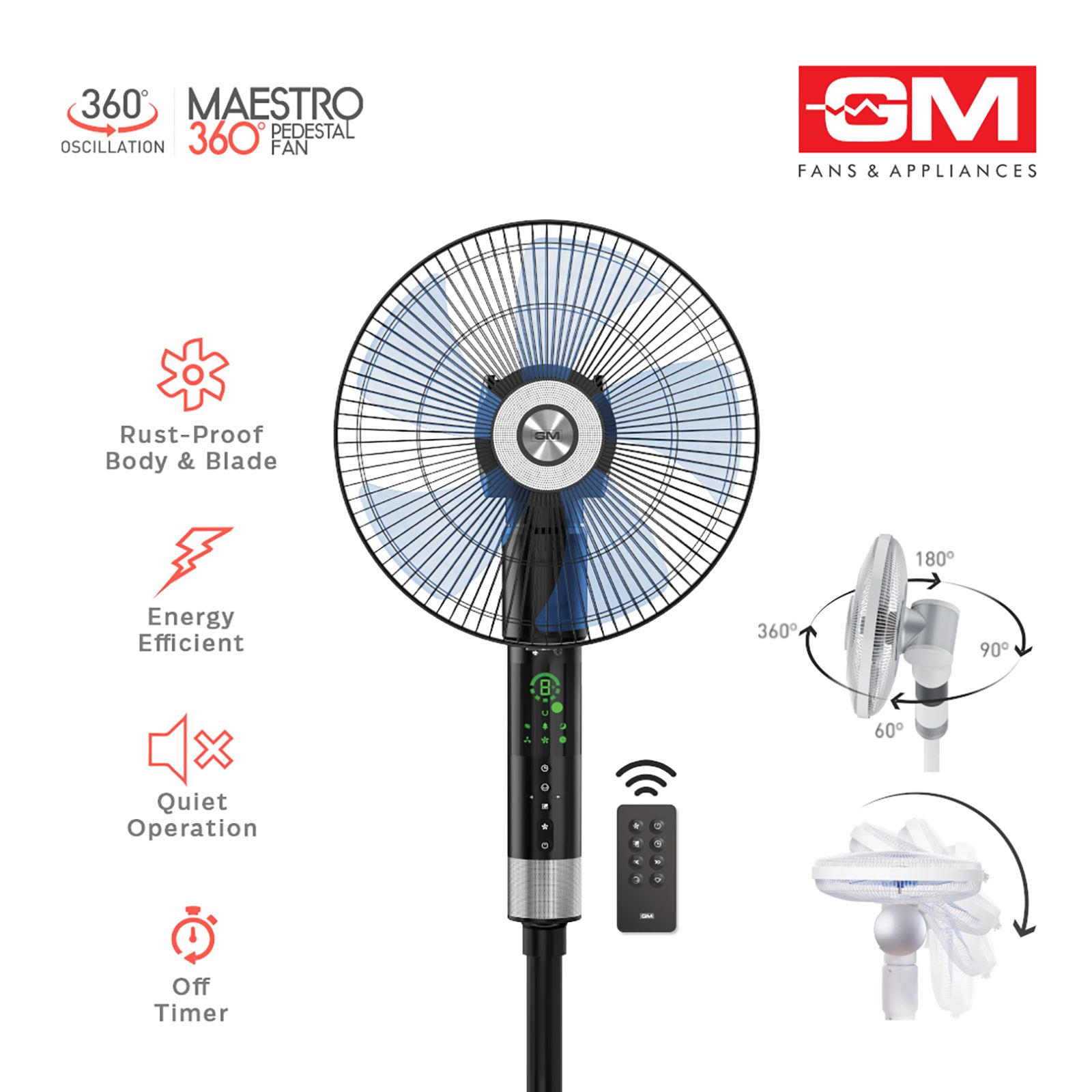 GM Maestro 400mm 3 Blade 360 Degree Oscillation Pedestal Fan with Remote (Rust Resistant, Black)_11