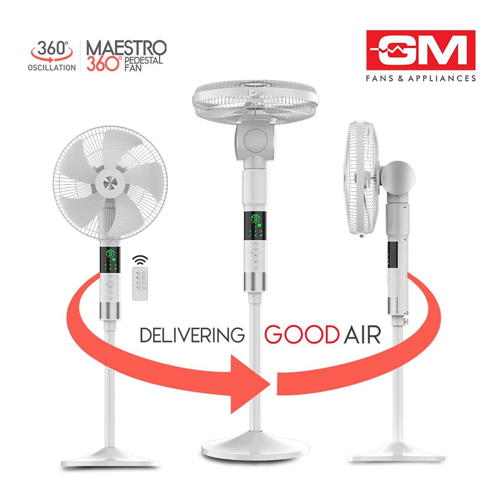 GM Maestro 400mm 3 Blade 360 Degree Oscillation Pedestal Fan with Remote (Rust Resistant, White)_8