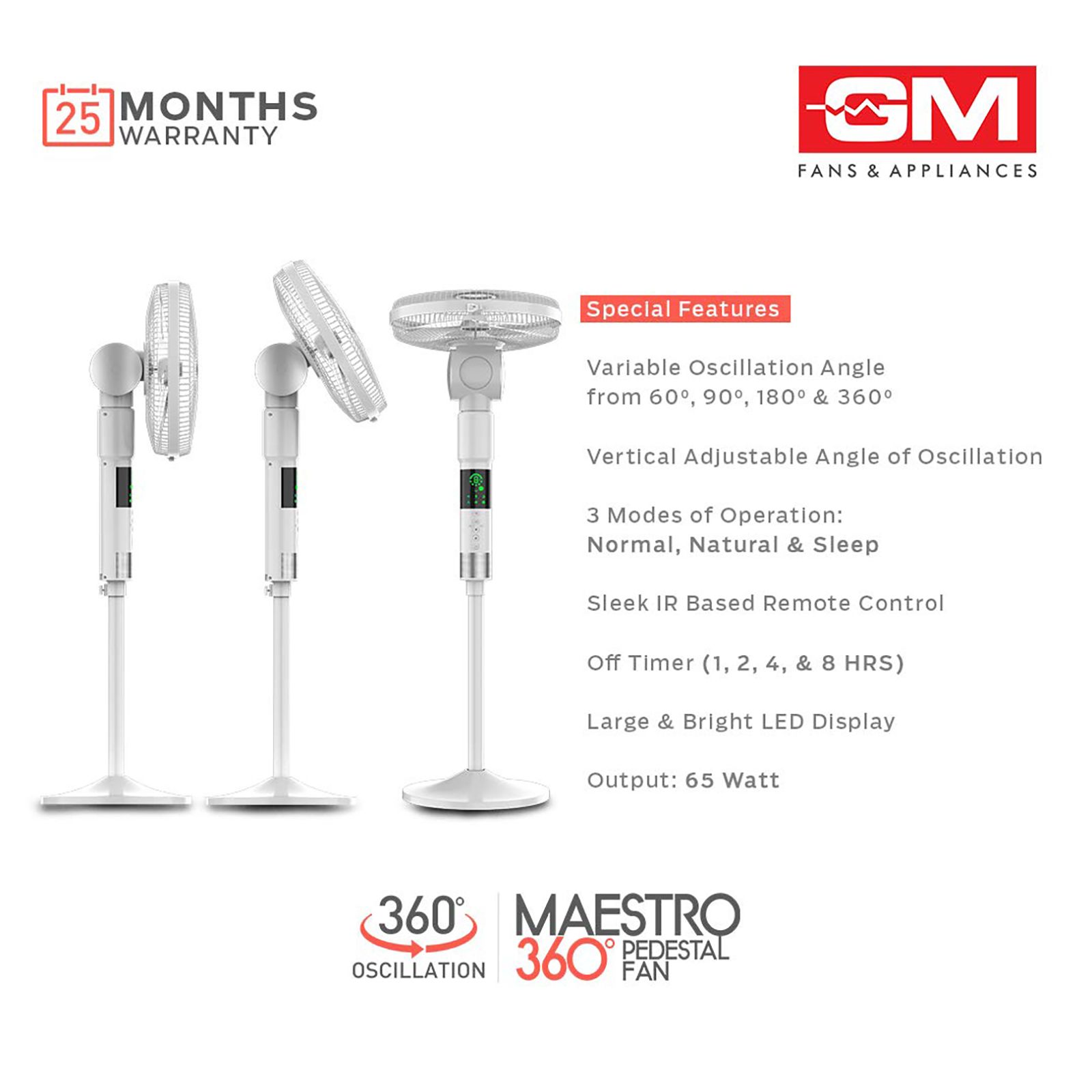 GM Maestro 400mm 3 Blade 360 Degree Oscillation Pedestal Fan with Remote (Rust Resistant, White)_9