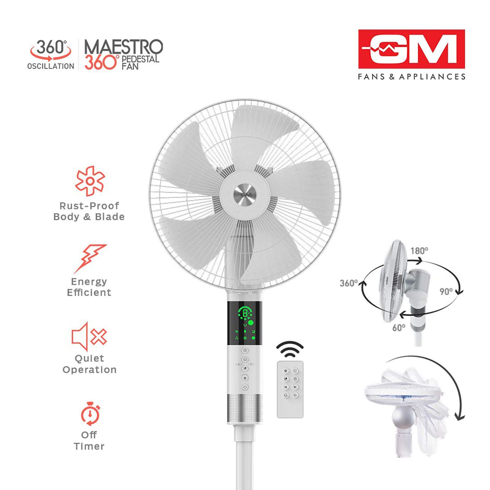 GM Maestro 400mm 3 Blade 360 Degree Oscillation Pedestal Fan with Remote (Rust Resistant, White)_10