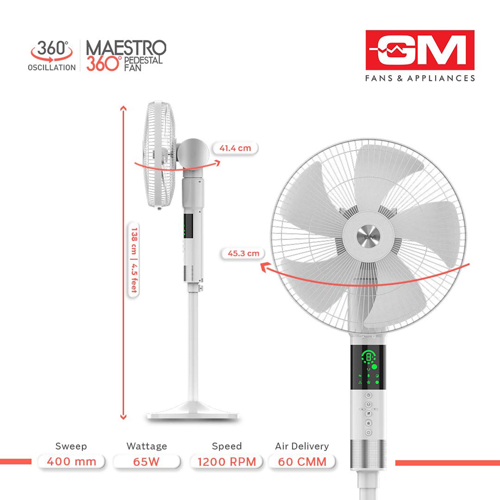 GM Maestro 400mm 3 Blade 360 Degree Oscillation Pedestal Fan with Remote (Rust Resistant, White)_5