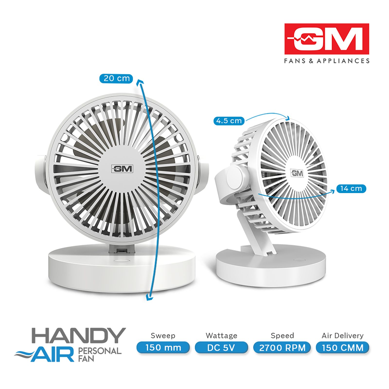 GM Handy Air 150mm 3 Blade Rechargeable Personal Fan with 2000 mAh Battery (5 Hr Non Stop Operation, White)_9
