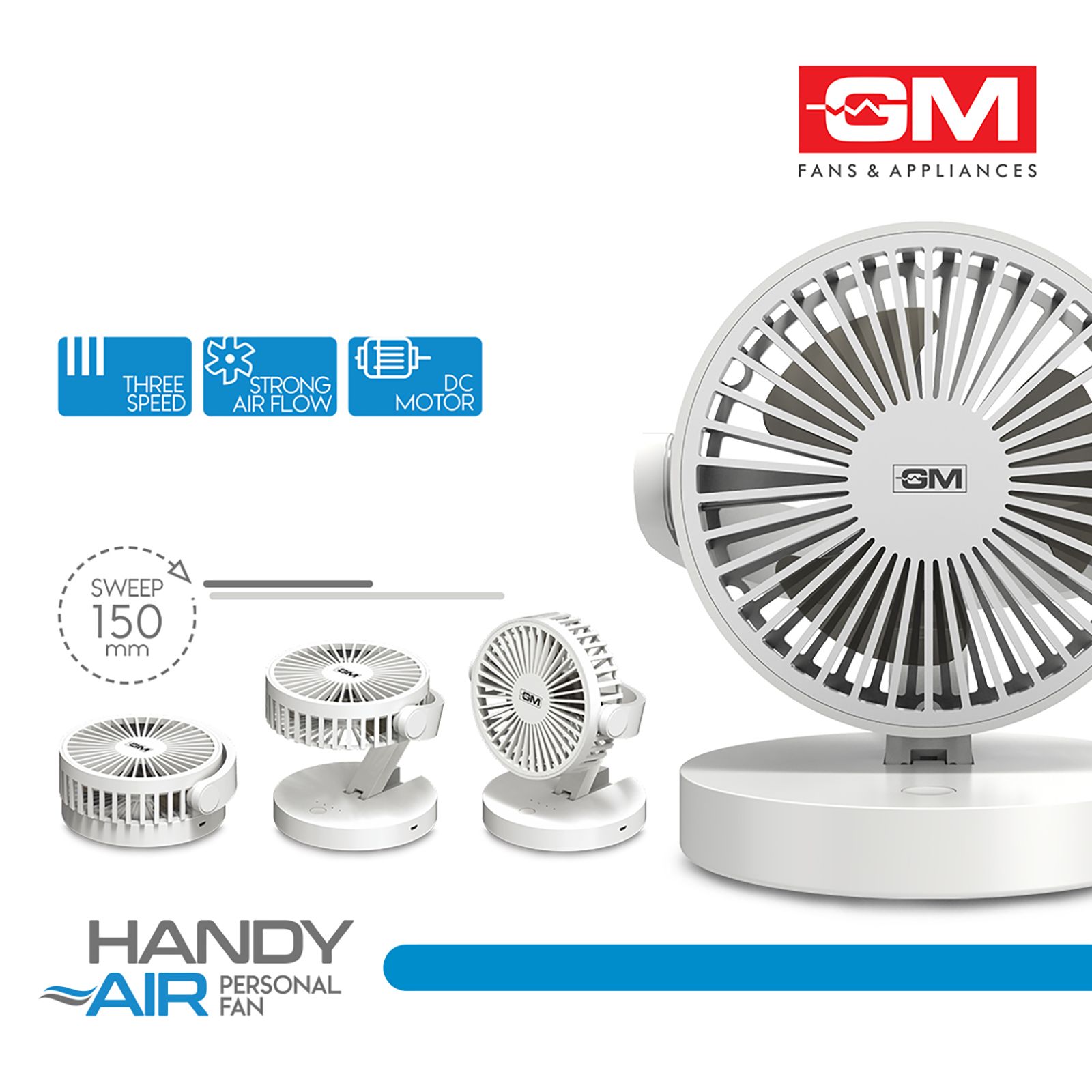 GM Handy Air 150mm 3 Blade Rechargeable Personal Fan with 2000 mAh Battery (5 Hr Non Stop Operation, White)_10