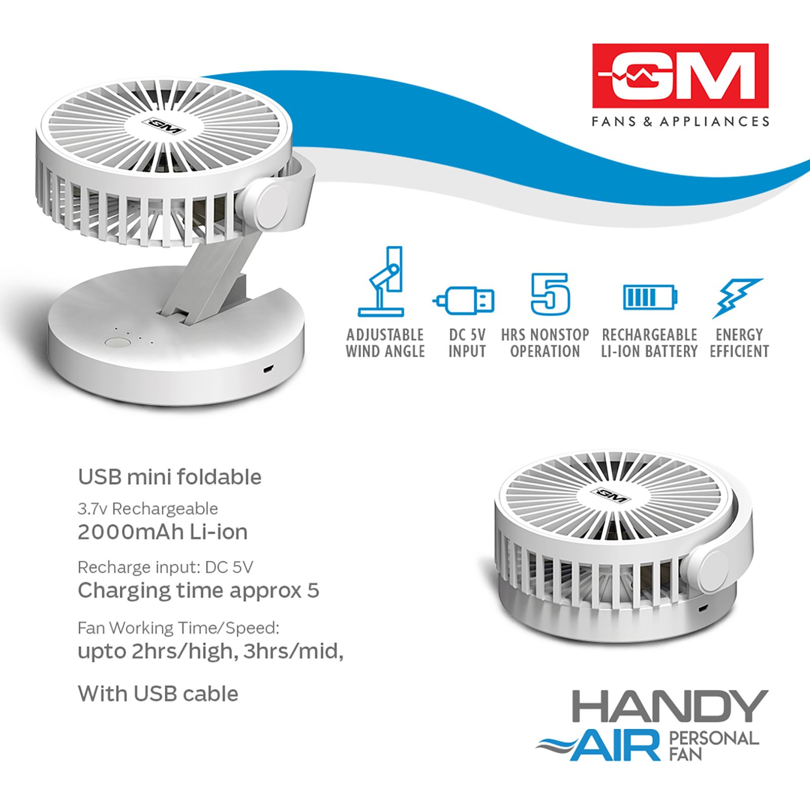 GM Handy Air 150mm 3 Blade Rechargeable Personal Fan with 2000 mAh Battery (5 Hr Non Stop Operation, White)_5