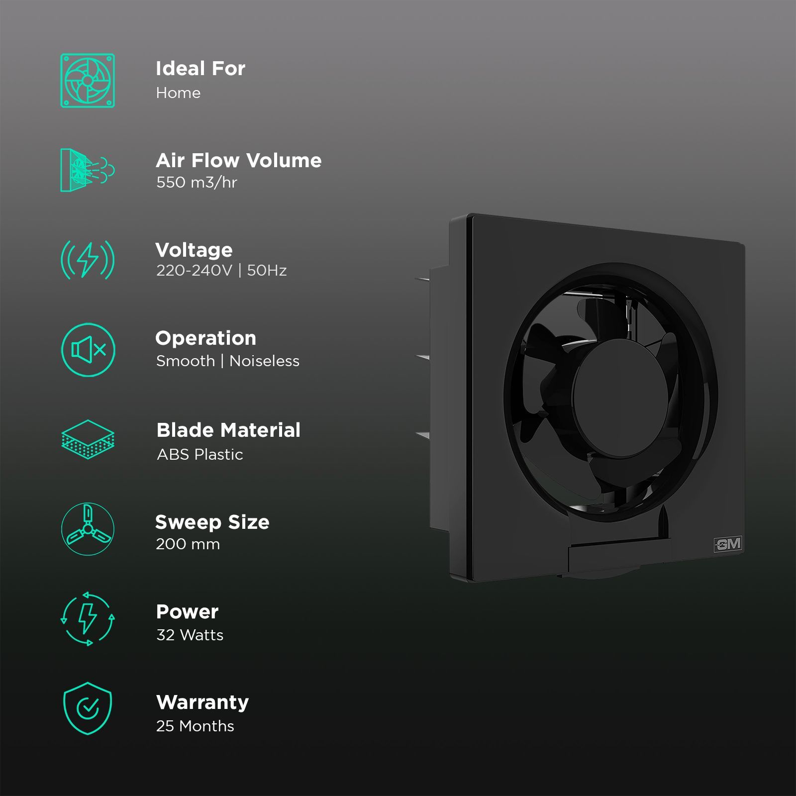 GM Eco Air 200mm Exhaust Fan (Low Noise Operation, Black)_3