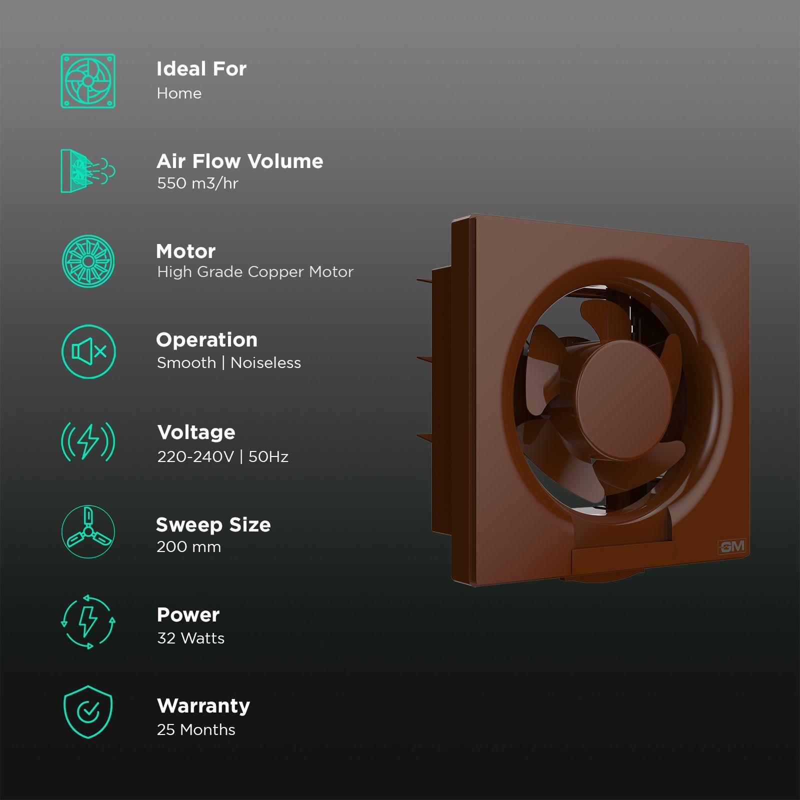 GM Eco Air 200mm Exhaust Fan (Low Noise Operation, Brown)_3