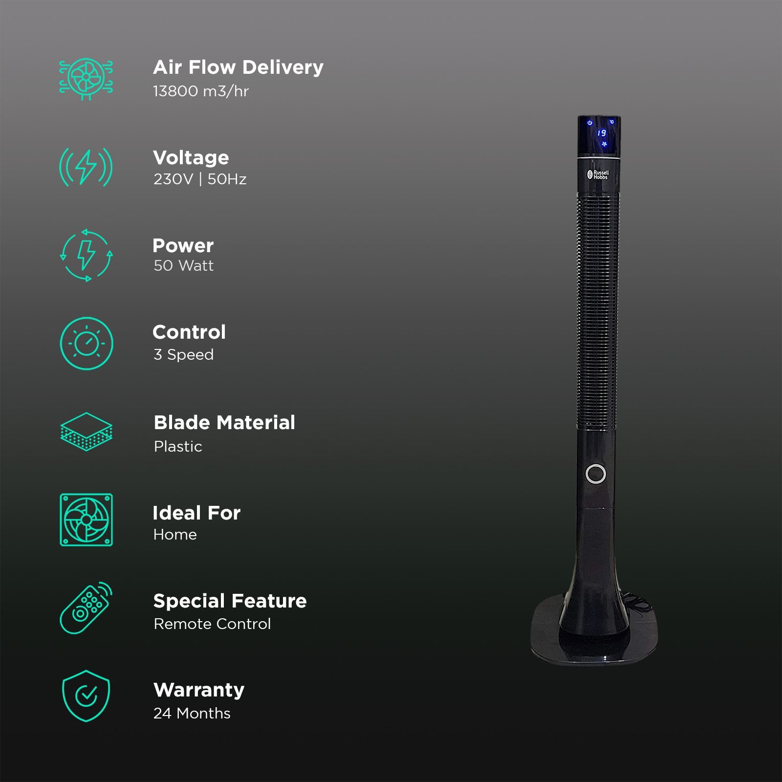 Russell Hobbs RTF-4800 Bladeless 13800 m3/hr Air Delivery Tower Fan with Remote (Superior Quality, Black)_3