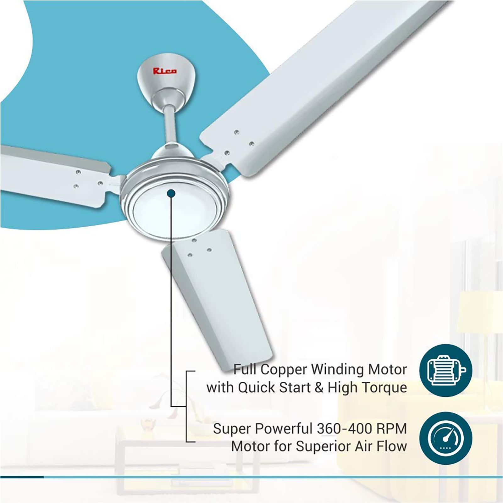 Rico Oric 3 Star 1400mm 3 Blade Copper Motor Ceiling Fan (Rust & Dust Resistant, White)_9
