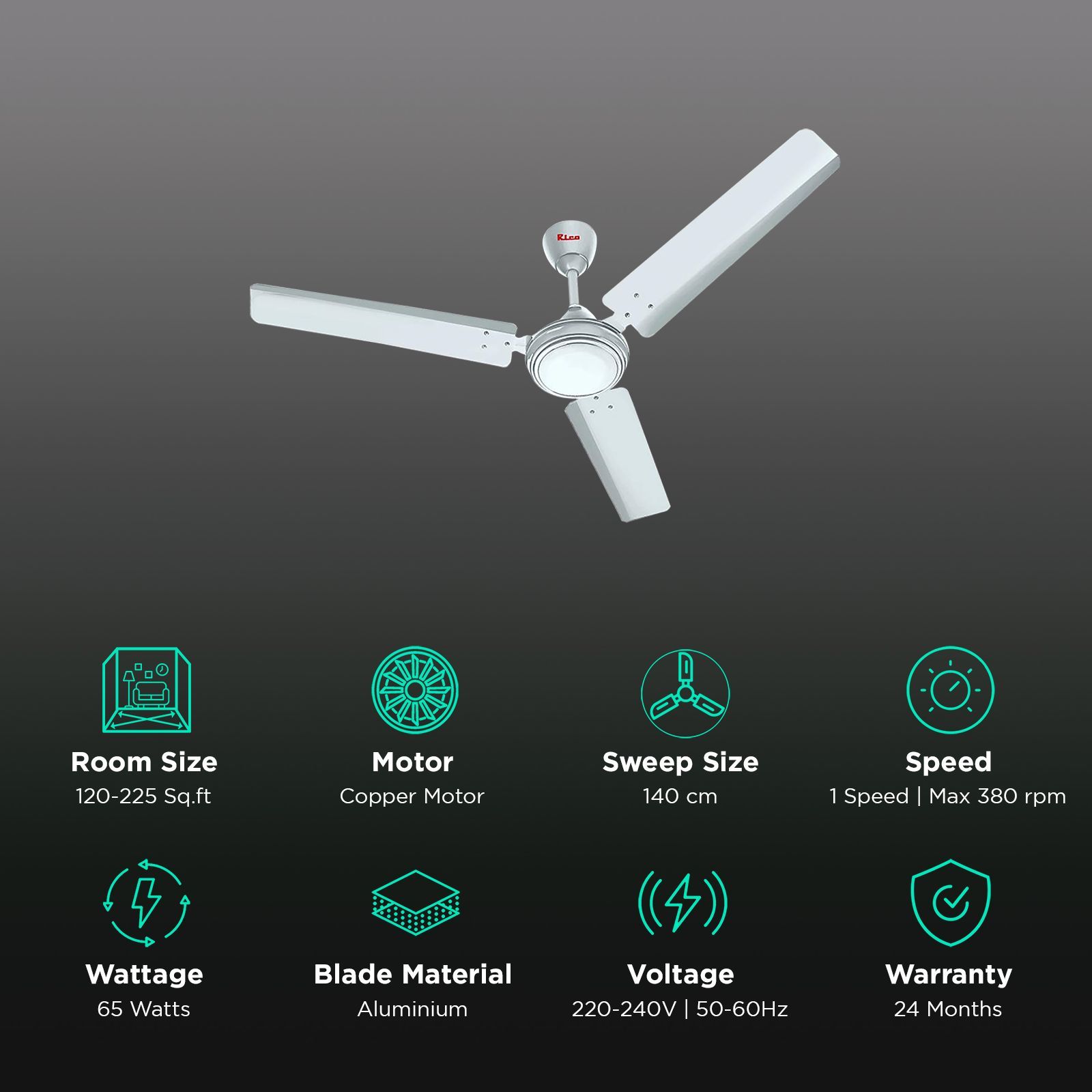 Rico Oric 3 Star 1400mm 3 Blade Copper Motor Ceiling Fan (Rust & Dust Resistant, White)_3