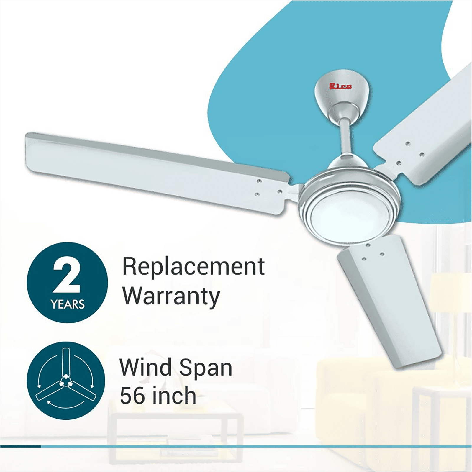 Rico Oric 3 Star 1400mm 3 Blade Copper Motor Ceiling Fan (Rust & Dust Resistant, White)_5