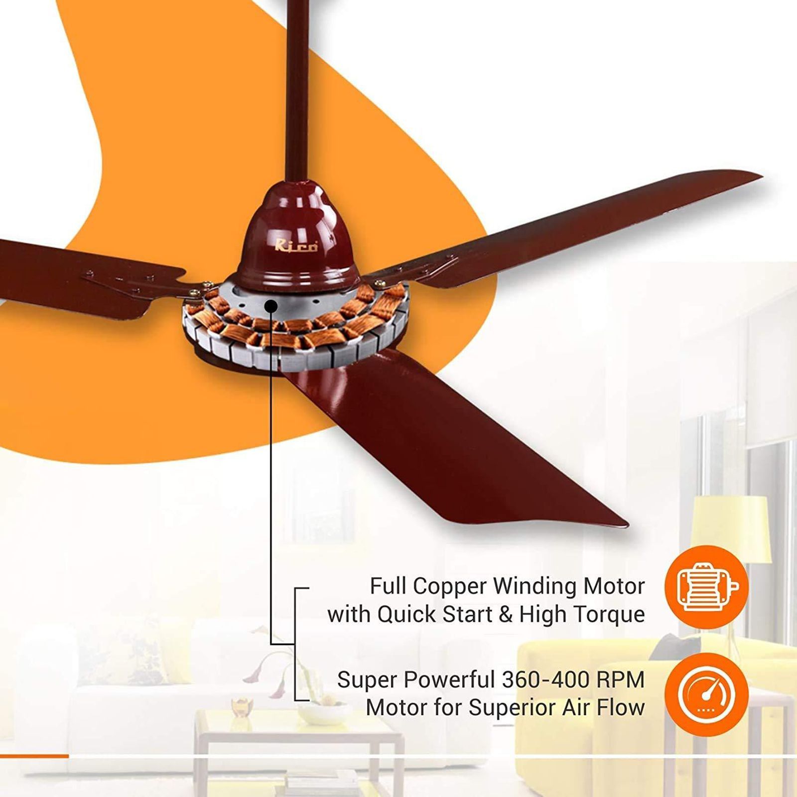 Rico 1400mm 3 Blade Copper Winding Motor Ceiling Fan (Dust Resistant, Brown)_9