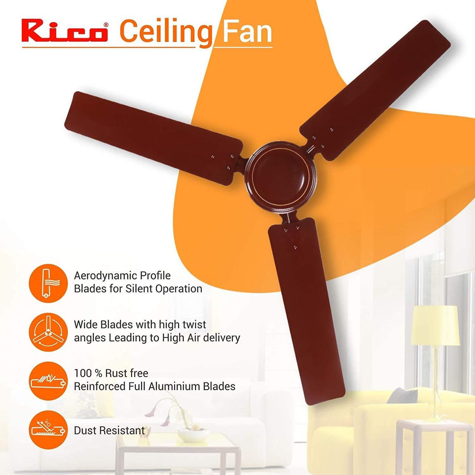 Rico 1400mm 3 Blade Copper Winding Motor Ceiling Fan (Dust Resistant, Brown)_10