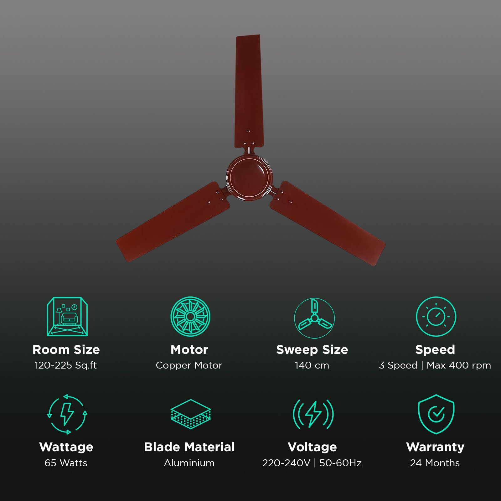 Rico 1400mm 3 Blade Copper Winding Motor Ceiling Fan (Dust Resistant, Brown)_3