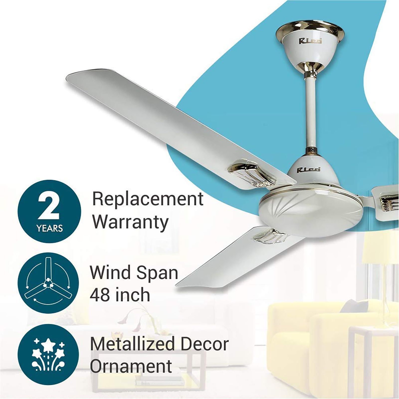 Rico 1400mm 3 Blade Copper Winding Motor Ceiling Fan (Rust & Dust Resistant, White)_8